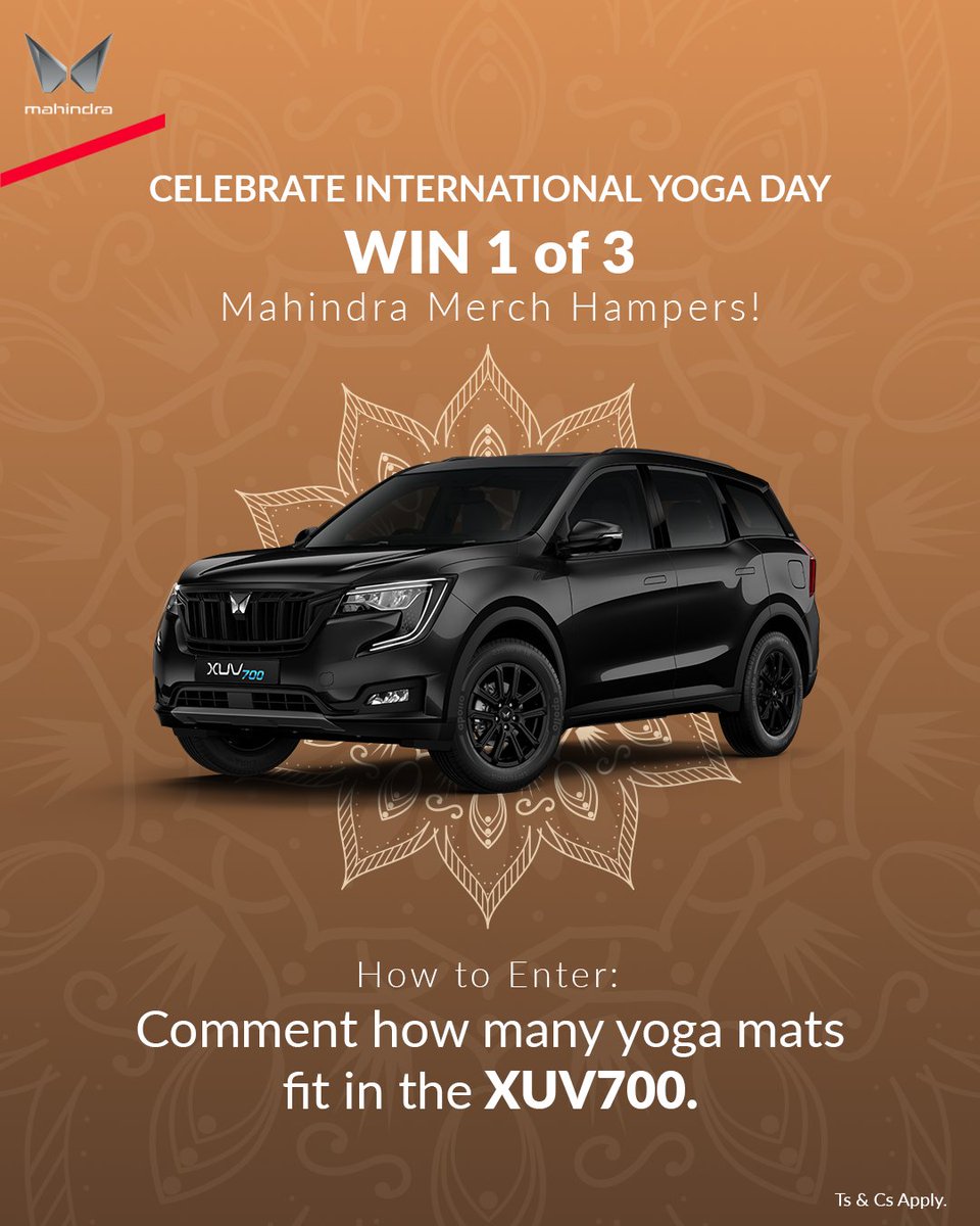 Win 1 of 3 Mahindra merchandise hampers this International Yoga Day.
Guess how many yoga mats fit in the spacious XUV700 and comment your answer to enter.
Entries close 19 June 2025 at 12:00.
*Ts &amp; Cs apply.
#Mahindra