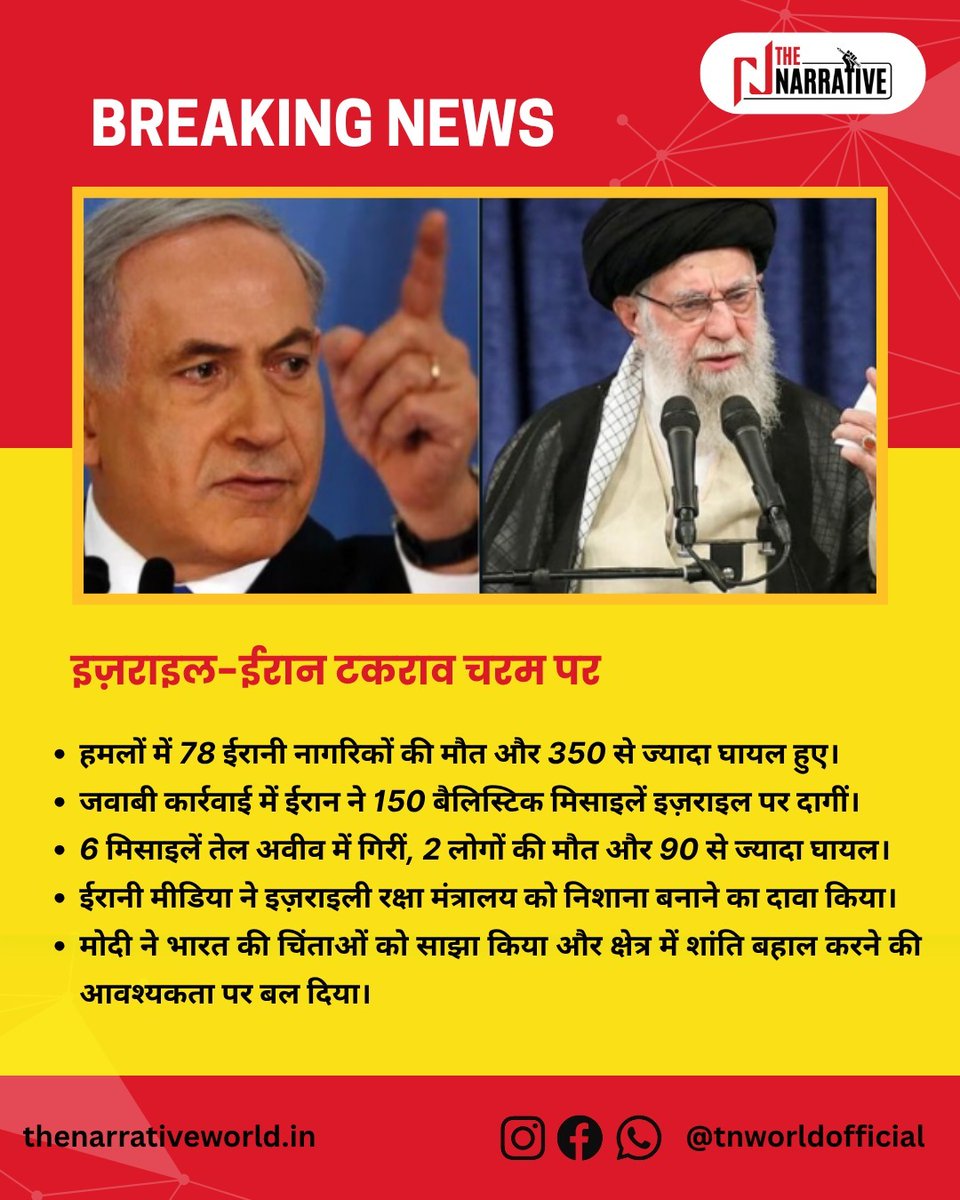tnworldofficial's tweet image. इज़राइल और ईरान आमने-सामने… 78 की मौत, मिसाइलों की बारिश और क्षेत्र में तनाव! हालात समझिए…

#IsraelIranConflict #MiddleEastTensions #MissileAttacks #NuclearStrikes #RegionalWar #Hezbollah #Hamas #OperationRisingLion #IranRetaliation #TehranStrikes #TelAvivAttacks
