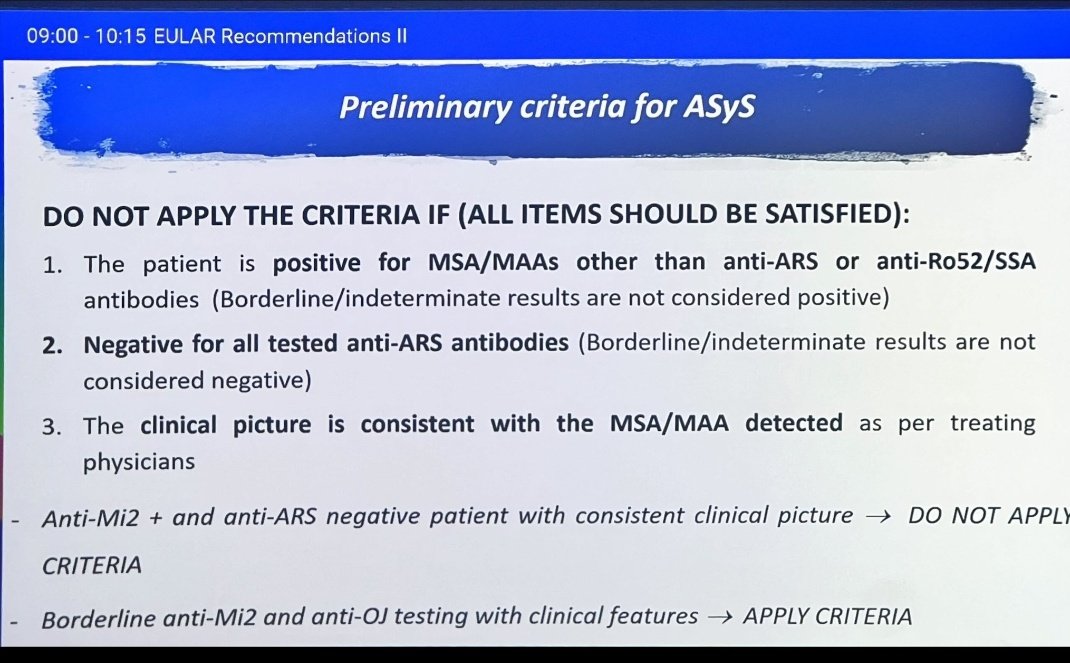 New EULAR/ACR classification criteria for Antisynthetase Syndrome 
 
✅ Anti-ARS antibodies &amp; ILD are top drivers
🧪 ANA, SSA, MSA testing crucial to apply/exclude criteria
🧠 Score ≥5.5 + anti-ARS = definite ASyS
⏩ most weighted items = anti-ARS , ILD, myositis
#EULAR2025