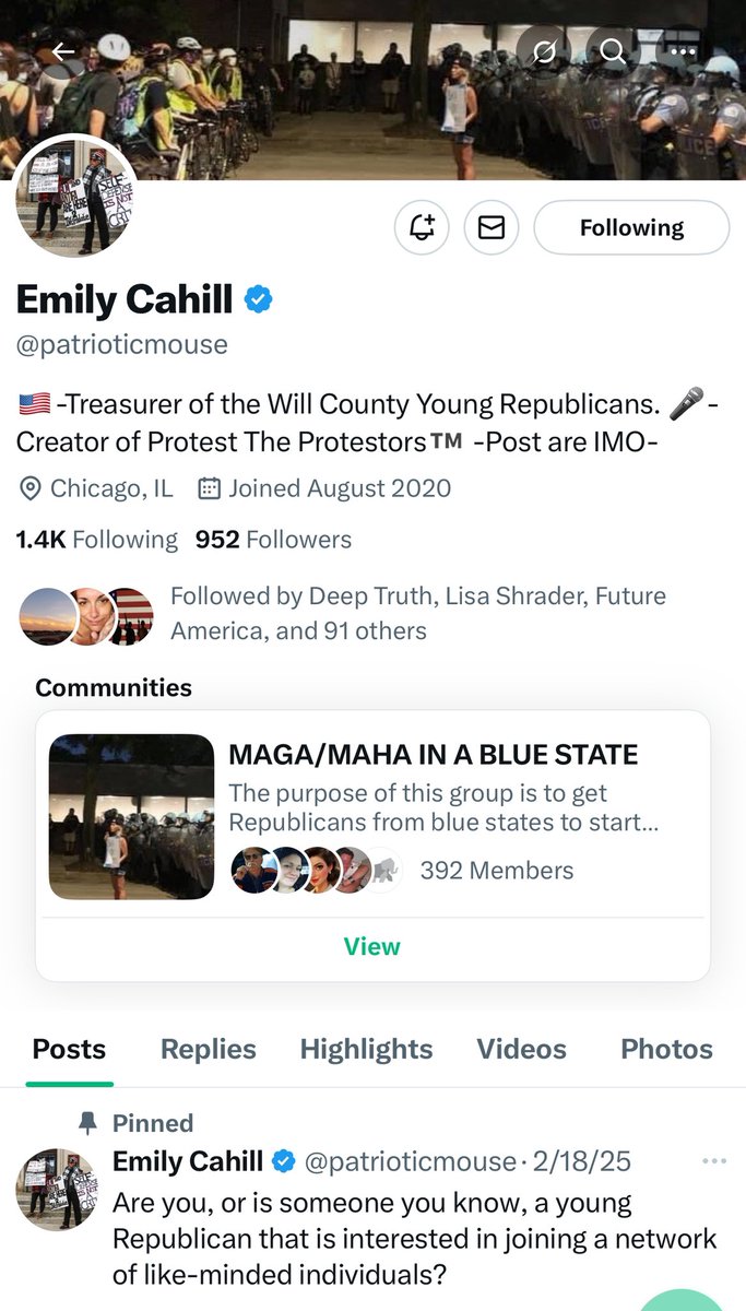 Reviewing my followers list and one stuck out to me.  I am following her, just noticed she wasn’t following back. I will not unfollow her, I would like to praise her and say if you are in Illinois, this account may be of interest to you! Keep up the good work <a href="/patrioticmouse/">Emily Cahill🇺🇸💜⛓️‍💥🐭🦄</a> 🇺🇸