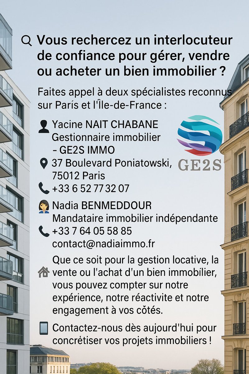 ge2simmo's tweet image. 🏡 Que ce soit pour la gestion locative, la vente ou l’achat d’un bien immobilier, vous pouvez compter sur notre expérience, notre réactivité et notre engagement à vos côtés.

📲 Contactez-nous dès aujourd’hui pour concrétiser vos projets immobiliers !
#ImmobilierParis