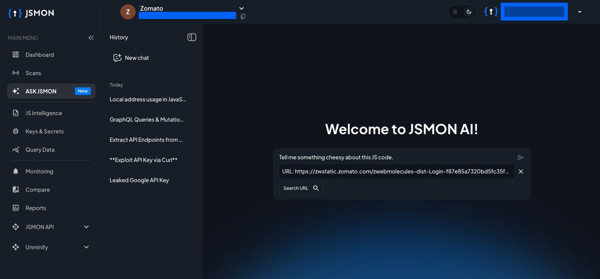 Top 5 Ways to use Jsmon Ask AI Feature. 5 examples on <a href="/zomato/">zomato</a>'s <a href="/Hacker0x01/">HackerOne</a> program below👇.

Click on Ask Jsmon at jsmon.sh/askJsmon, scan domains or JS URLs and enter your prompts.