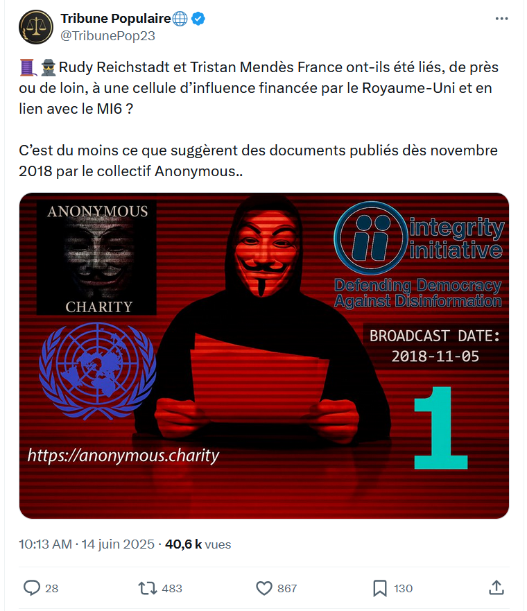 RReichstadt's tweet photo. Bien qu'il se présente comme un "média libre et indépendant", Tribunal Populaire n'est-il pas juste un compte conspi sans mentions légales prenant ses fantasmes pour des réalités et diffamant anonymement ?

C'est du moins ce que suggèrent ses publications - et l'algo de X. https://t.co/LdlvR1FsGI