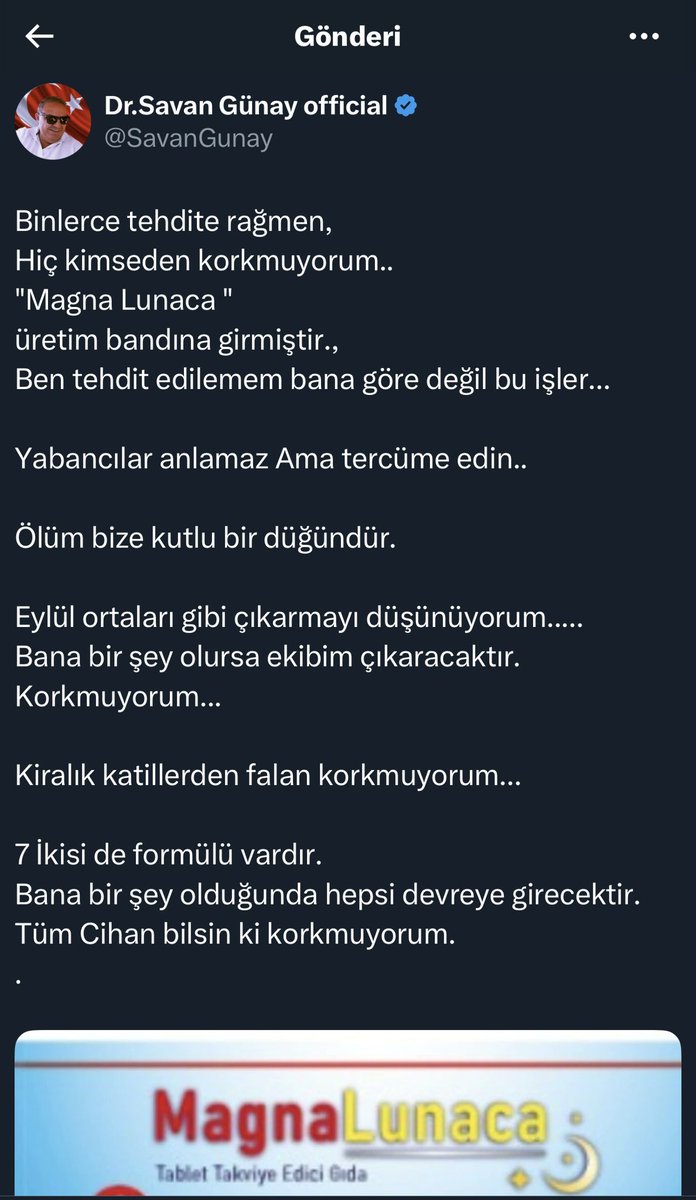 cetinlimonboy's tweet photo. Dr. Mustafa Savan Günay, 58 yaşında, çocuk sağlığı ve hastalıkları uzmanı, Eskişehir’de yalnız yaşadığı evinde, 
13 Haziran 2025’te ölü bulundu. 

Polis ve sağlık ekipleri, arkadaşlarının kendisinden haber alamamasının 
ardından eve girdi ve Günay’ı yatak odasında hareketsiz halde buldu. 

Otopsi için Eskişehir Osmangazi Üniversitesi Adli Tıp Kurumu’na gönderildi ve ölüm şüpheli olarak kaydedildi.

Dr.Günay, kanser tedavisi ve alternatif tıp üzerine çalışıyordu. Magnanova7 ve Magna Lunaca adlı ürünlerini çıkardı ve kanser sorununu çözdüğünü söyledi.

Mayıs 2025’te X’te, Kanserin çözümünü buldum, ömrüm yeterse tüm kanser türlerini bitireceğim yazmıştı.

Rahmetli akıllı bir insandı ve inançlı biriydi.
İnançlı biri intihar etmez ve sağlık sorunu 
yoktu.