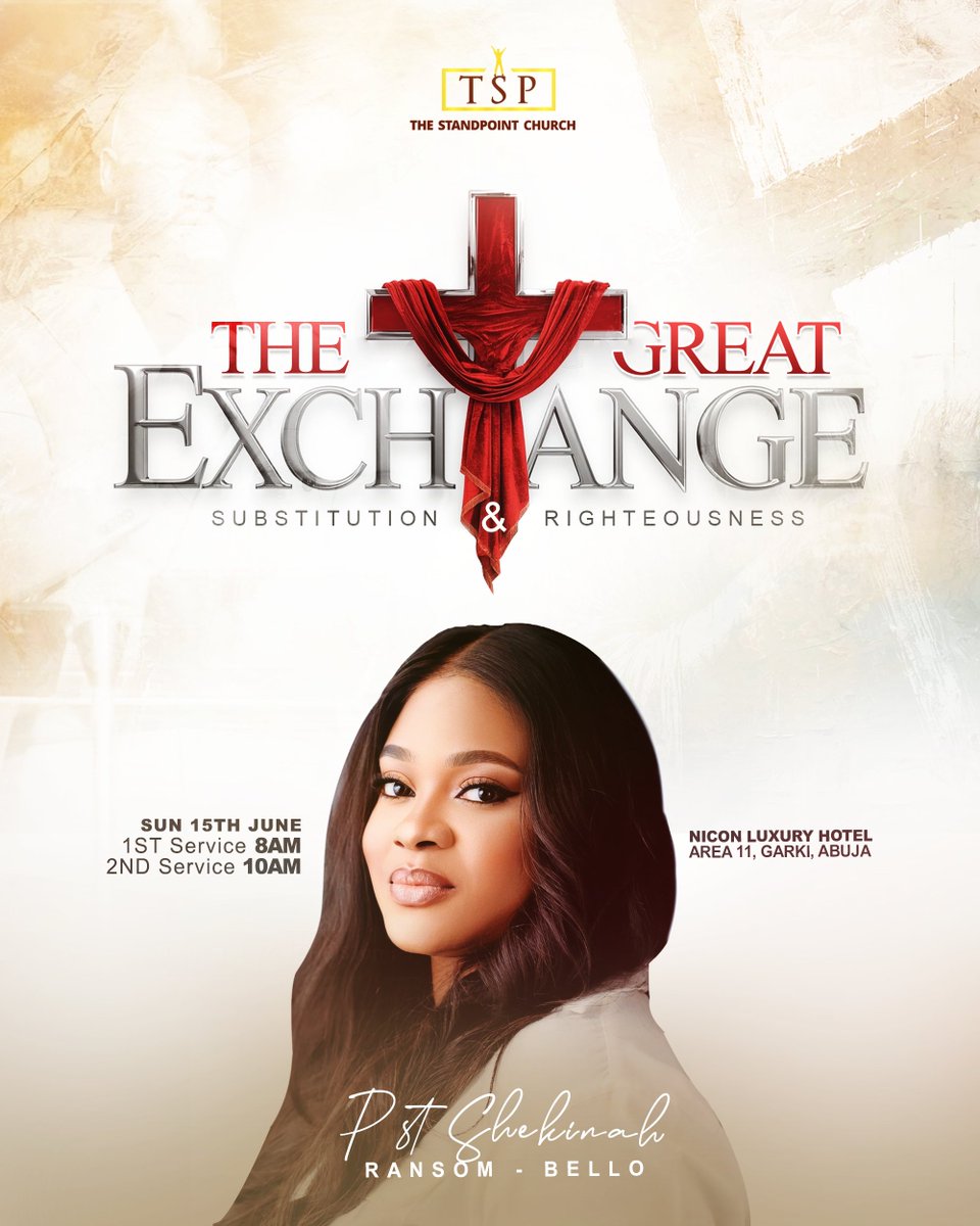 StandPointAbj's tweet image. This Sunday will be a Supernatural Experience! 馃敟
Join Pst. Shekinah Ransom-Bello for The Great Exchange!
Don't come alone, Invite someone. 鉂わ笍
See you in Church!
---
Nicon Luxury Hotel, Garki, Abuja.
1st Service 8AM, 2nd Service 10AM
#CHRiSTamplified