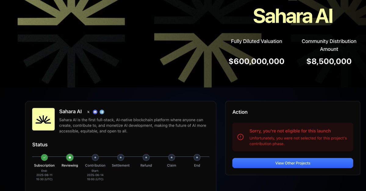 如果你的账号不是🔴红色的Sorry <a href="/SaharaLabsAI/">Sahara AI 🔆</a> 

那么你大概率是有资格参与打新了💰

快去查查：buidlpad.com/projects/sahar…