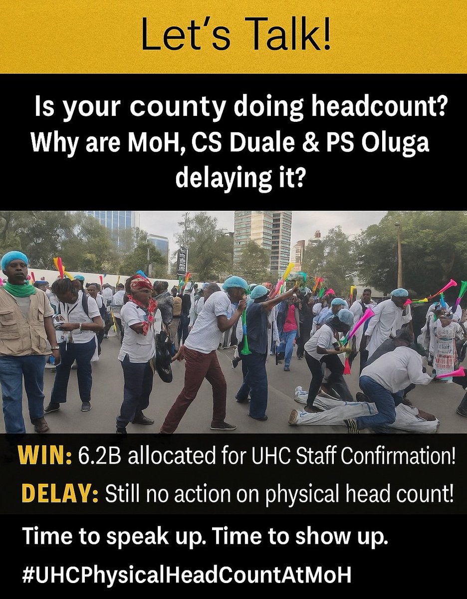 Human Resources for Health (HRH) are the heart of Universal Health Coverage.

Without motivated, confirmed UHC staff — there is no UHC.

We are READY to travel to @MoH_Kenya for a physical head count.
Just give us the date and venue. Let’s fast-track this process and end the UHC