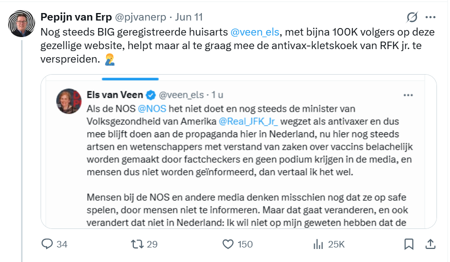 veen_els's tweet photo. Nederlandse factcheckers zijn in rep en roer en maken de minister van Volksgezondheid van de VS uit voor antivaxer nu hij heeft aangekondigd vaccins te gaan onderzoeken op hun veiligheid.

Marc Bonten was eerder vertrokken vanwege de desinformatie op X, maar is nu teruggekeerd van Blue Sky om hier desinformatie te bestrijden.

Ik vind het bijzonder dat deze mensen zich nooit druk hebben gemaakt of de mRNA prikken wel zo veilig waren als werd gepropageerd. En dat deze factcheckers zich ook geen ernstige zorgen maken om de voortdurende oversterfte in Nederland, sinds 2020.

De vaccins zouden ons toch uit de pandemie leiden? Ik ben geen antivaxer, afgezien van de Coronaprikken heb ik alle vaccinaties gehaald; in vertrouwen. Ik heb de coronaprikken niet gehaald en vanaf toen werd ik door deze factcheckers uitgemaakt voor antivaxer, complotdenker en erger. 

Het verketteren van mensen en het uitsluiten door middel van het CoronaToegangsBewijs (hallo VVD, CDA, CU, D66, PvdA, Groen Links en Volt) heeft grote schade aangericht. Als je echt zo bezorgd bent om mensenlevens, dan zou je er juist op toe moeten zien dat vaccins veilig zijn (hallo EMA, CBG, Lareb en RIVM). 

Zeker omdat deze mRNA prikken zijn toegediend aan jonge mensen en zelfs kinderen. Dan ben ik maar een antivaxer of wappie, volgens de artseneed mag ik geen middelen toedienen zonder informed consent en zeker niet als ik de indruk hebt dat er sprake is van drang of dwang.

Kinderen de prikken laten nemen omdat ze anders niet meer naar sportschool of bioscoop konden was op zijn minst drang en heeft het vertrouwen van veel mensen niet groter gemaakt.