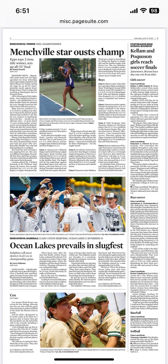In today’s print and e-edition of The Virginian-Pilot and Daily Press: extensive coverage of the <a href="/VHSL_/">VHSL Athletics</a> state semifinals. 
⚾️<a href="/LHRubama/">Larry Rubama</a> 🥎me and <a href="/MartyOBrienDP/">Marty O'Brien</a> ⚽️<a href="/treyhoops_/">Trevyn Gray</a> 🎾<a href="/sdearth/">Sonny Dearth GR</a> 📸: <a href="/BillySchuerman/">Fan of USPS</a>. <a href="/KacikJoe/">Joe Kacik</a> made it all look great.