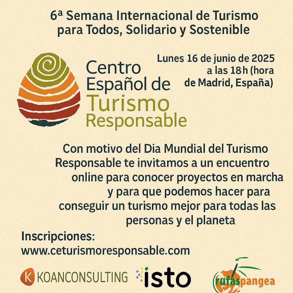 No te pierdas este encuentro onlines como motivo de la 6ªSEMANA INTERNACIONESL DE TURISMO PARA TODOS, SOLIDARIO Y SOSTENIBLE. 

📅Lunes 16 de Junio
⏰️18h

Inscripciones:
ceturismoresponsable.com

¡Te esperamos!