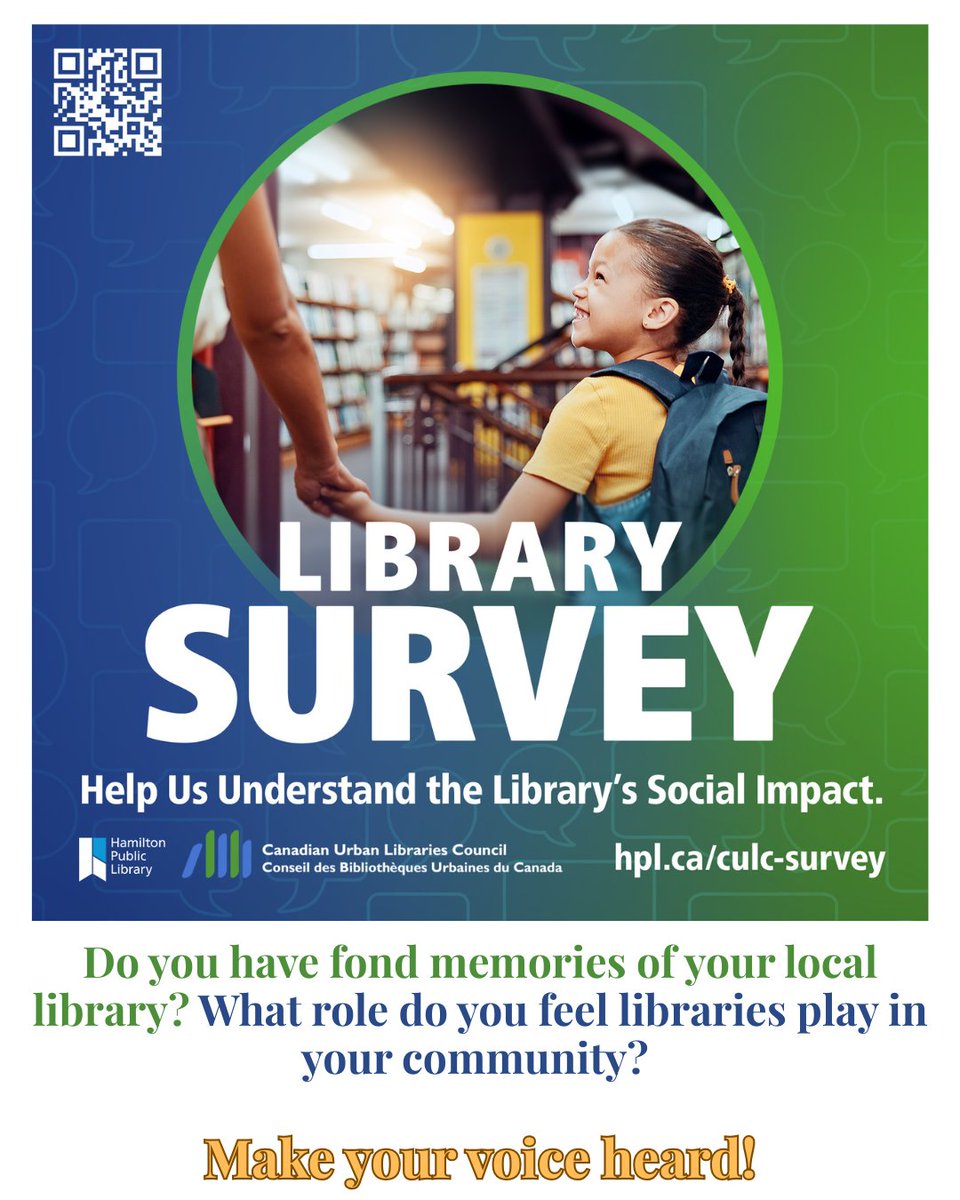 Canadian Urban Libraries Council (CULC) has partnered with Hamilton Public Library for a nationwide initiative to measure the social impact of public libraries across Canada.

Have your say by completing a short online survey at hpl.ca/culc-survey before Wednesday, July 2.