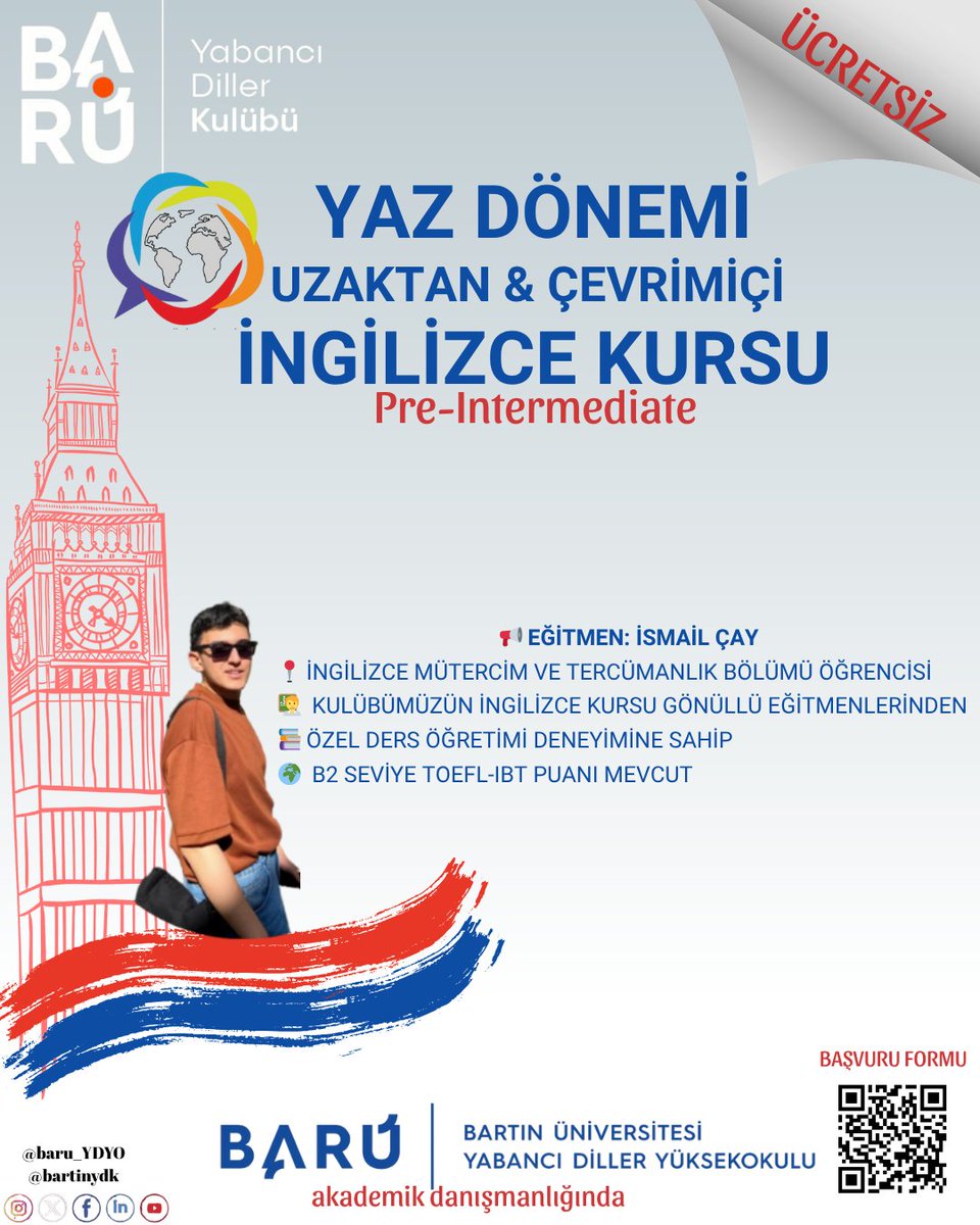 Bartın Üniversitesi Yabancı Diller Kulübü (@bartinydk) on Twitter photo 🎯 YAZ DÖNEMİ ÜCRETSİZ İNGİLİZCE KURSU! 🇬🇧
💻 Zoom dersleri
📚 Google Classroom desteği
🎥 YouTube kayıtları
💬 Konuşma + Grammar + Günlük İngilizce
📲 WhatsApp destekli!
📌 Başvuru ve detaylar: forms.gle/Cxa6ckKPXgZeNg…
<a href="/baru_sksdb/">BARÜ Sağlık, Kültür ve Spor DB</a> @baru_ydyo <a href="/BARUogrkonseyi/">Bartın Üniversitesi Öğrenci Konseyi</a> 🎯 YAZ DÖNEMİ ÜCRETSİZ İNGİLİZCE KURSU! 🇬🇧
💻 Zoom dersleri
📚 Google Classroom desteği
🎥 YouTube kayıtları
💬 Konuşma + Grammar + Günlük İngilizce
📲 WhatsApp destekli!
📌 Başvuru ve detaylar: forms.gle/Cxa6ckKPXgZeNg…
<a href="/baru_sksdb/">BARÜ Sağlık, Kültür ve Spor DB</a> @baru_ydyo <a href="/BARUogrkonseyi/">Bartın Üniversitesi Öğrenci Konseyi</a>
