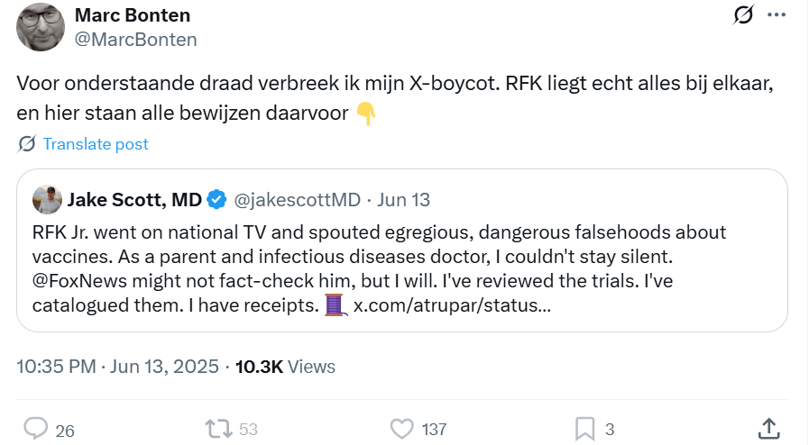 veen_els's tweet photo. Nederlandse factcheckers zijn in rep en roer en maken de minister van Volksgezondheid van de VS uit voor antivaxer nu hij heeft aangekondigd vaccins te gaan onderzoeken op hun veiligheid.

Marc Bonten was eerder vertrokken vanwege de desinformatie op X, maar is nu teruggekeerd van Blue Sky om hier desinformatie te bestrijden.

Ik vind het bijzonder dat deze mensen zich nooit druk hebben gemaakt of de mRNA prikken wel zo veilig waren als werd gepropageerd. En dat deze factcheckers zich ook geen ernstige zorgen maken om de voortdurende oversterfte in Nederland, sinds 2020.

De vaccins zouden ons toch uit de pandemie leiden? Ik ben geen antivaxer, afgezien van de Coronaprikken heb ik alle vaccinaties gehaald; in vertrouwen. Ik heb de coronaprikken niet gehaald en vanaf toen werd ik door deze factcheckers uitgemaakt voor antivaxer, complotdenker en erger. 

Het verketteren van mensen en het uitsluiten door middel van het CoronaToegangsBewijs (hallo VVD, CDA, CU, D66, PvdA, Groen Links en Volt) heeft grote schade aangericht. Als je echt zo bezorgd bent om mensenlevens, dan zou je er juist op toe moeten zien dat vaccins veilig zijn (hallo EMA, CBG, Lareb en RIVM). 

Zeker omdat deze mRNA prikken zijn toegediend aan jonge mensen en zelfs kinderen. Dan ben ik maar een antivaxer of wappie, volgens de artseneed mag ik geen middelen toedienen zonder informed consent en zeker niet als ik de indruk hebt dat er sprake is van drang of dwang.

Kinderen de prikken laten nemen omdat ze anders niet meer naar sportschool of bioscoop konden was op zijn minst drang en heeft het vertrouwen van veel mensen niet groter gemaakt.