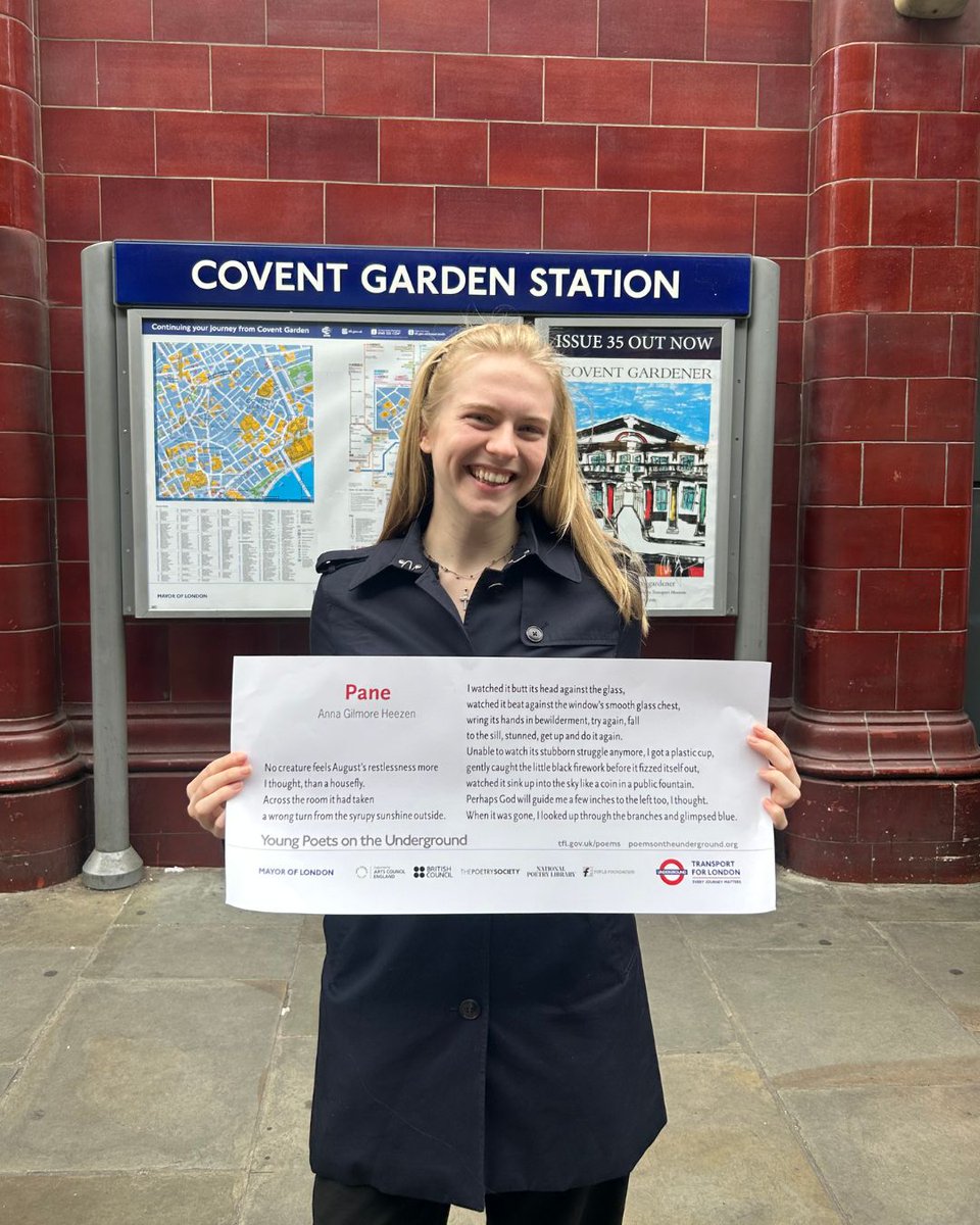 PoetrySociety's tweet image. The Poetry Society and Poems on the Underground are delighted to share that this year’s Summer Poems on the Underground posters feature Foyle Young Poet Anna Gilmore Heezen.
The summer set launched earlier this week in London - find out more: bit.ly/43YEm5j