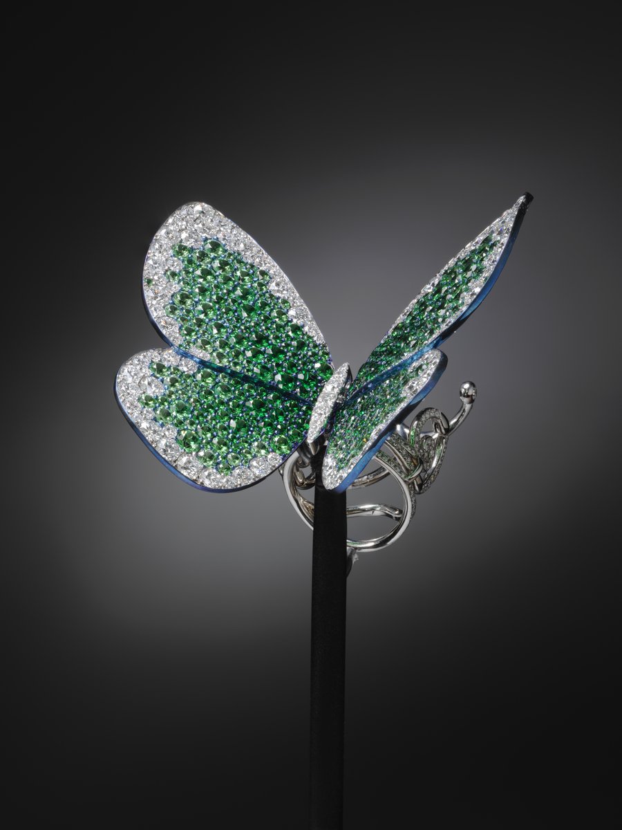 V_and_A's tweet image. Beyoncé’s Papillon Ring, gifted to the V&A, features fluttering titanium wings set with rare green tsavoritesn (vibrant garnet gemstones) and diamonds. Crafted by jeweller Glenn Spiro (G), this butterfly ring captures elegance and movement, truly making it 'Irreplaceable'.