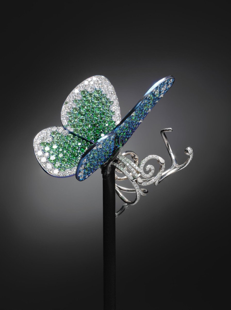 V_and_A's tweet image. Beyoncé’s Papillon Ring, gifted to the V&A, features fluttering titanium wings set with rare green tsavoritesn (vibrant garnet gemstones) and diamonds. Crafted by jeweller Glenn Spiro (G), this butterfly ring captures elegance and movement, truly making it 'Irreplaceable'.