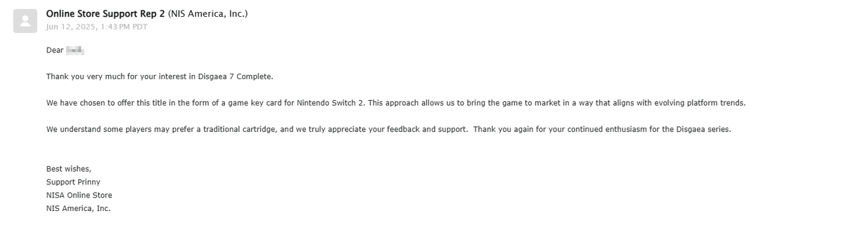 DoesItPlay1's tweet photo. Well, @NISAmerica are releasing Disgaea 7 Complete Edition as a game-key card. Their official explanation is to "align with evolving platform trends". The so-called trend seems to be crashing and burning, as stock for the game was still at 100 % 24 hours after the announcement. https://t.co/6wg3AW3bM4