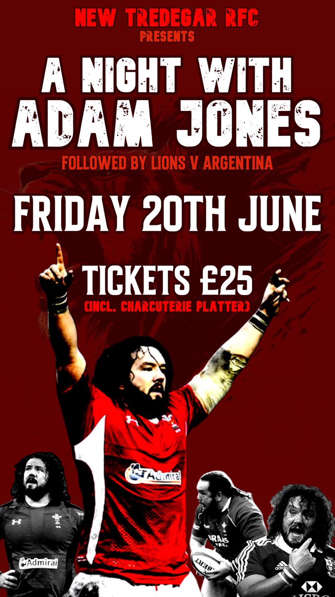 I’ll be hosting a live fundraising Q&amp;A with Adam Jones at <a href="/new_tredegar/">New Tredegar RFC</a> followed by the Lions v Argentina.

There are still some tickets left for what promises to be a great night. Drop me a DM if you want tickets

#newtredegarrfc #lions #rugbyunion #guestspeaker #rugby