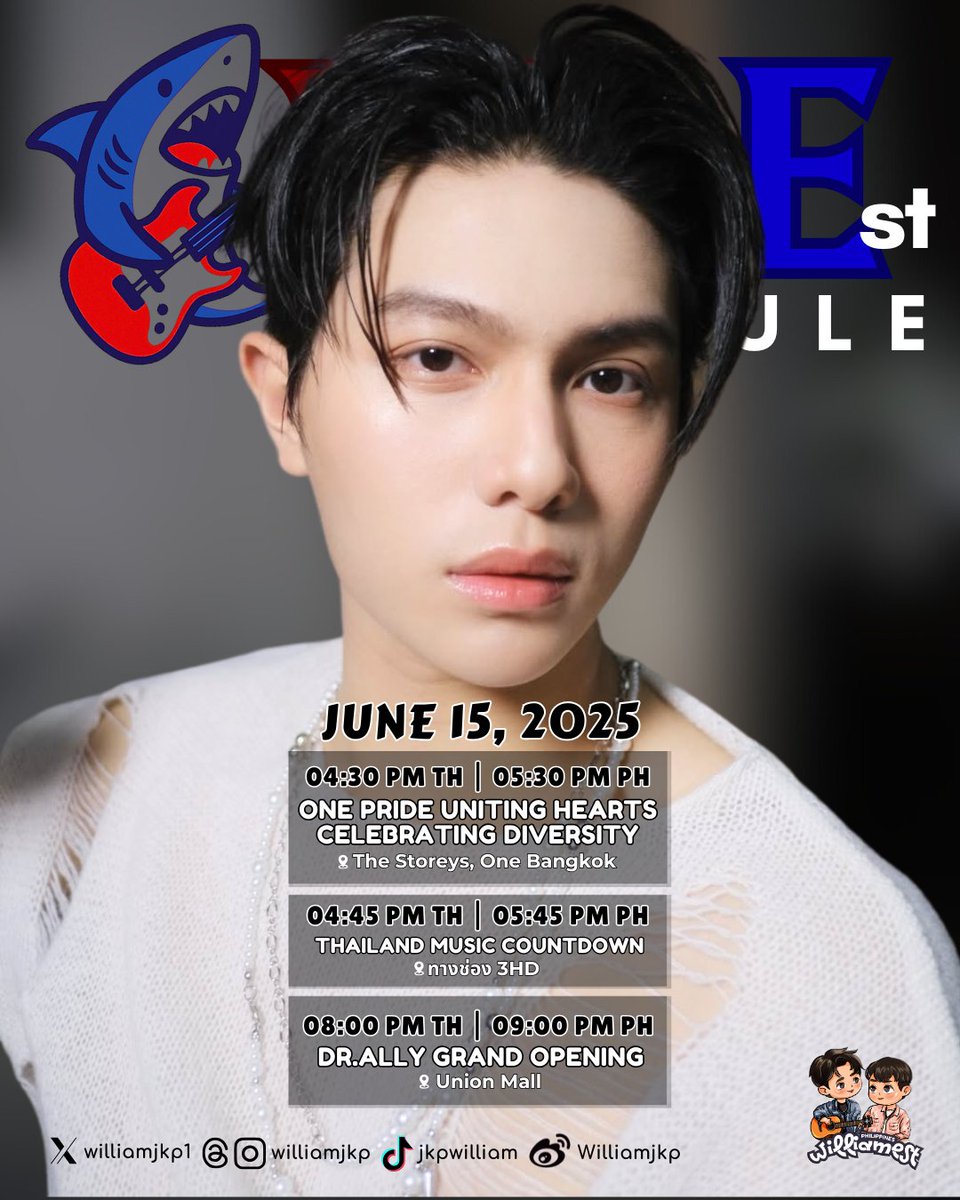WilliamEstPH's tweet photo. #WILLIAMESTschedule 🎉
🗓 15 June

✨ ONE PRIDE UNITING HEARTS CELEBRATING DIVERSITY
🕘 17:30PH
📍 The Storeys, One Bangkok 

✨ THAILAND MUSIC COUNTDOWN 
🕘 17:45PH
🖥️ ทางช่อง 3HD

✨ https://t.co/b3muFRW3Y0 GRAND OPENING
🕘 21:00PH
📍 Union Mall

#LYKN #williamjkp #WilliamEstPH https://t.co/Z2Fp9NO3tj