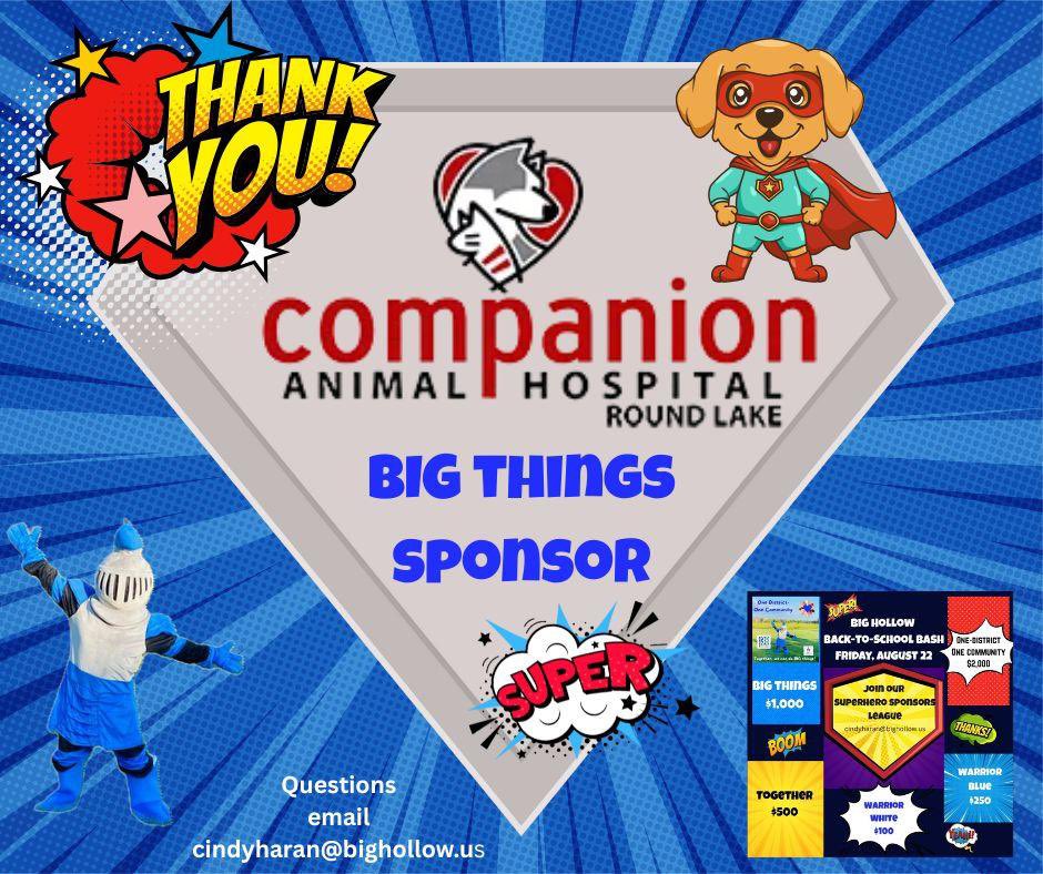 Thank you for supporting all of the pets, kiddos, staff and families of Big Hollow! 

Are ready to flex YOUR super powers and join the Superhero Sponsors League!?!  Email cindyharan@bighollow.us today🦸‍♀️🦹🏽‍♂️🦹‍♀️🦸🏻‍♂️

Together, we can do BIG things💙
#onedistrictonecommunity