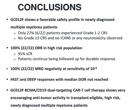 CONGRESS | #EHA2025 | POSTER
Juan Du, Shanghai Changzheng Hospital, presents updated phase I results on 1L BCMA-CD19 dual CAR-T therapy in transplant-eligible high-risk NDMM (N=22).
Median FU=37.1 months. High response rates: ORR and MRD-neg=100%; sCR=95%. Median DoR not reached.