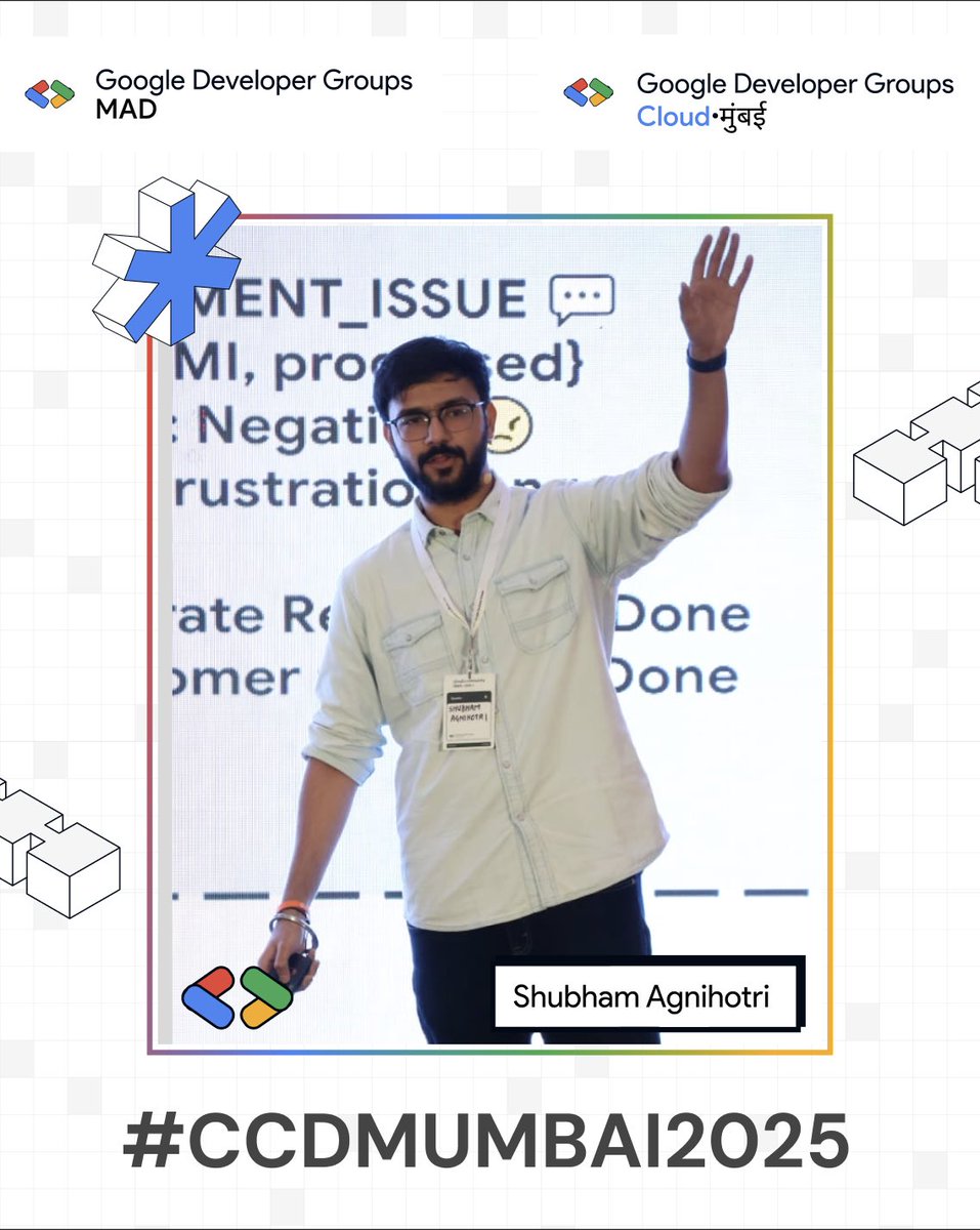 gdgmad's tweet image. Welcoming our first speaker #ShubhamAgnihotri
#ccdmumbai2025 #cloudcommunitydays
#GDGCloudMumbai #GDGMAD #speakerlineup