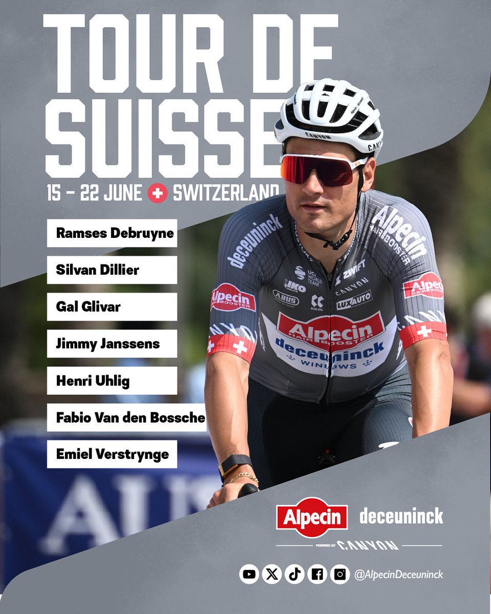Final day of the <a href="/dauphine/">Tour Auvergne Rhône-Alpes</a> means it’s also time to kick off the <a href="/tds/">Tour de Suisse</a>, the other key WorldTour stage race in the build-up to <a href="/LeTour/">Tour de France™</a>.

We’re heading to Switzerland with a solid squad. These seven riders are set to roll out in Küssnacht for stage 1🇨🇭💪

#AlpecinDeceuninck