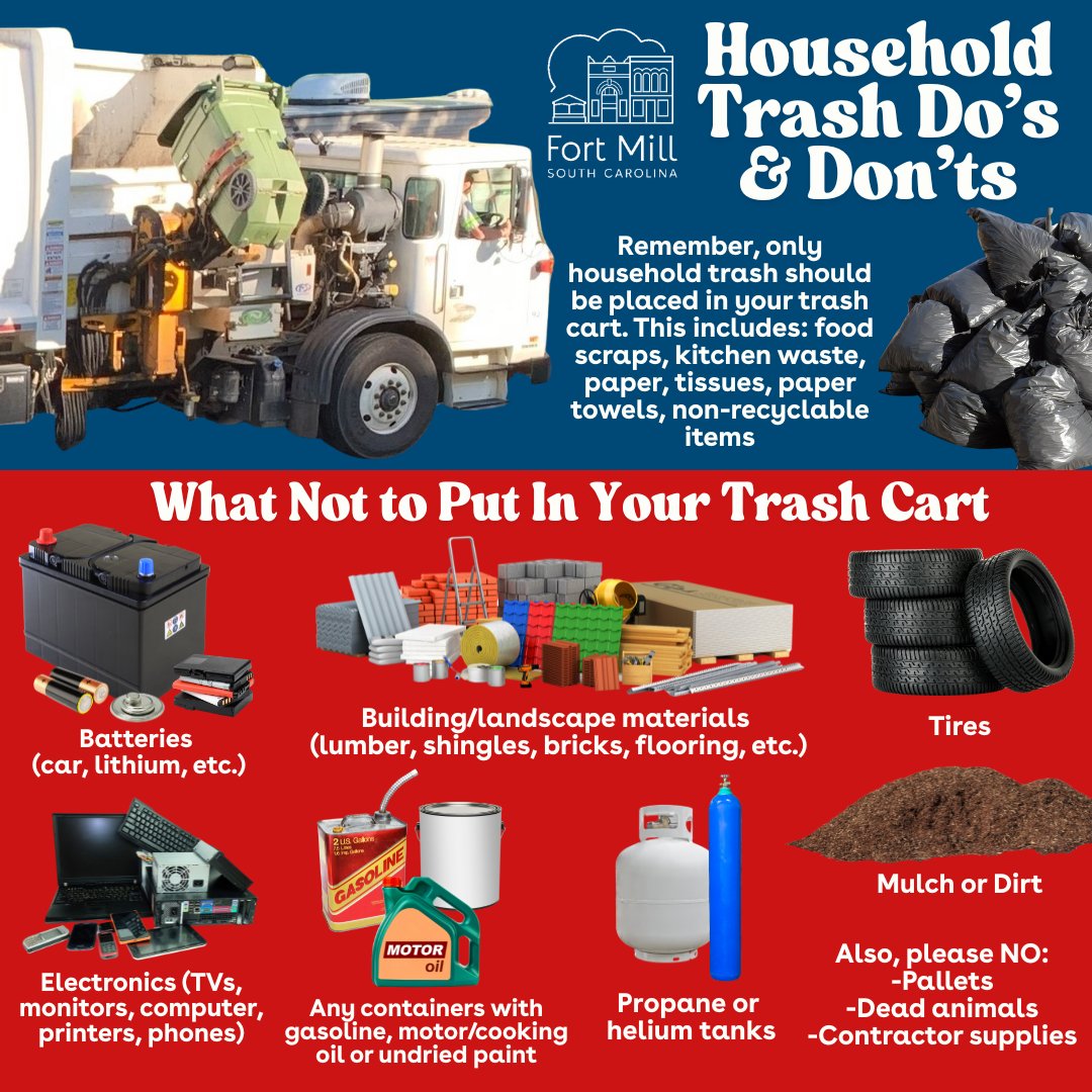 Before you throw away that old lithium battery or your cans of unused paint, the Town of Fort Mill asks its residents to keep in mind what can and cannot be thrown away in your green trash cart. See this graphic for the proper items to toss in your trash cart.