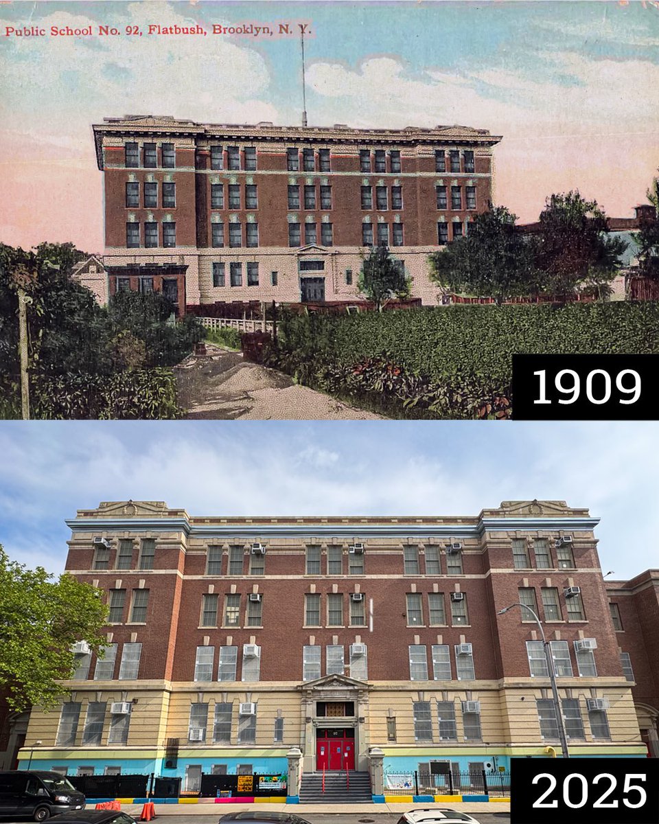 PLGHC_'s tweet image. This #ThenAndNow features a 1909 postcard of PS 92, once on Robinson St (now Parkside Ave). Built in 1905 by NYC and designed by A.W. Ross, the school reflects Colonial Revival style—back when farmland was giving way to new homes. 
#Flatbush #newyorkcity  #prospectleffertsgardens