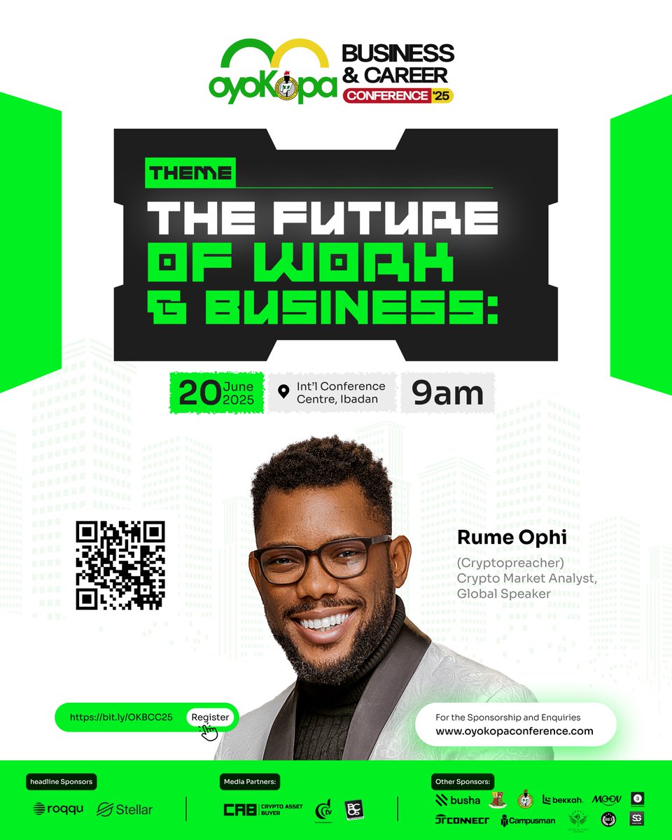 🎙️Guest Speaker Alert!    

We’re happy to welcome @thecryptopreacher, Cypto Market Analyst and Global Speaker, to #oyokopaconference25! 

Join us on June 19–20 at Int'l Conference Centre,Ibadan. Register: bit.ly/OKBCC25

 #africarising #futureofwork #nysc