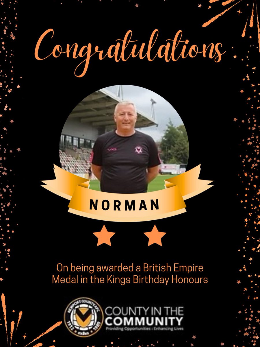 Congratulations to our Chief Executive Norman Parselle on receiving a British Empire Medal in the Kings Birthday Honours. A proud moment not only for yourself and your family but also everyone associated with County in the Community 🍾🥂🎖️🏅
#BEM
#KingsBirthdayHonours 
🖤🧡