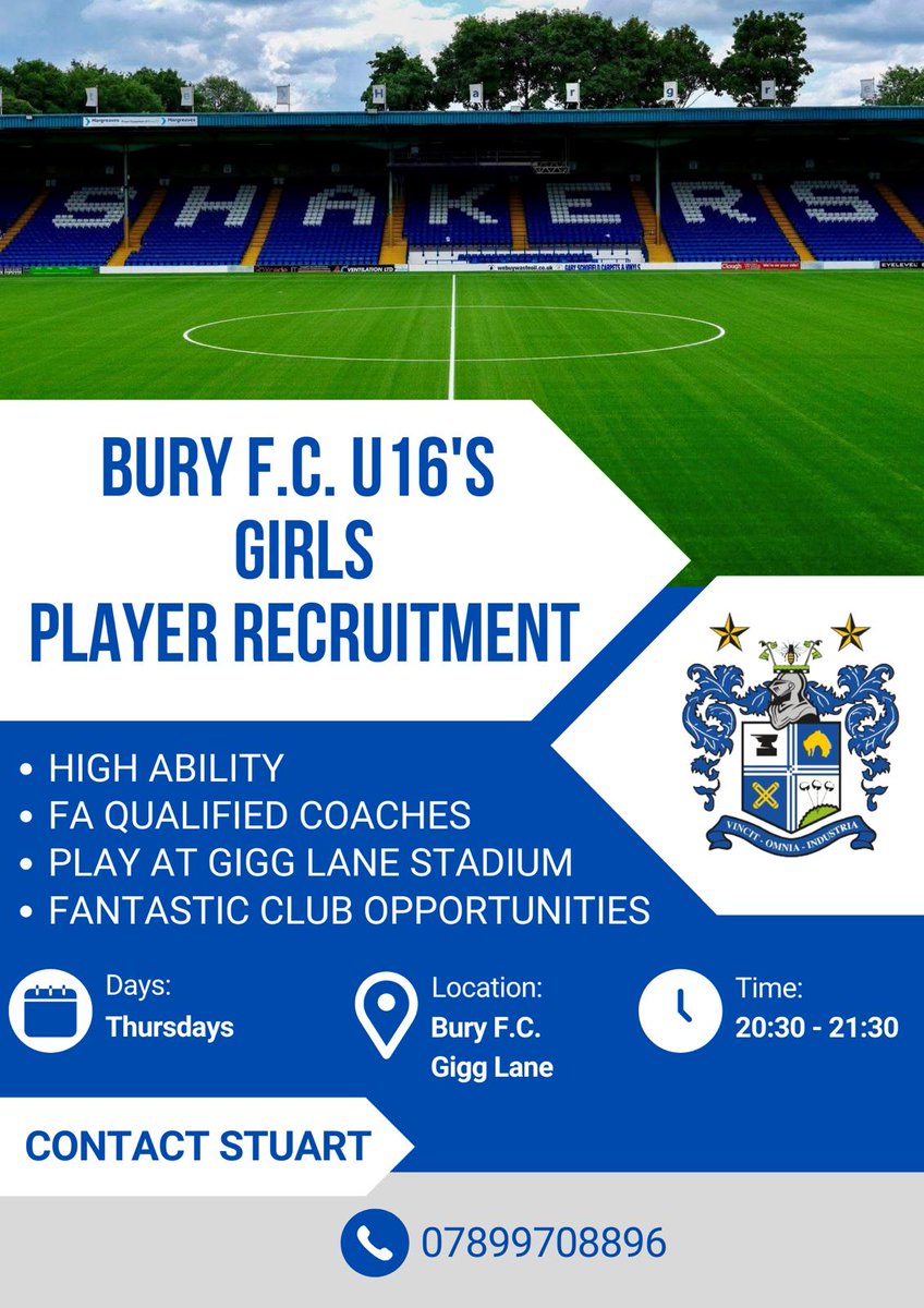 buryfcjuniors's tweet image. Amazing opportunity to play and train with Bury FC at Gigg Lane.

⚪️🔵

#partofit #buryfc #buryfcjuniors #buryfcfamily