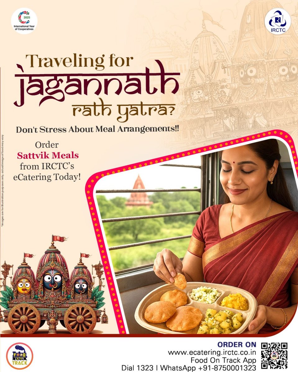 Experience comfort and devotion hand-in-hand. When traveling for the sacred Jagannath Rath Yatra, focus only on your spiritual journey, not about meals! Order pure, hygienic Sattvik meals delivered directly to your train seat from IRCTC’s eCatering! 
Order Now!
🌐