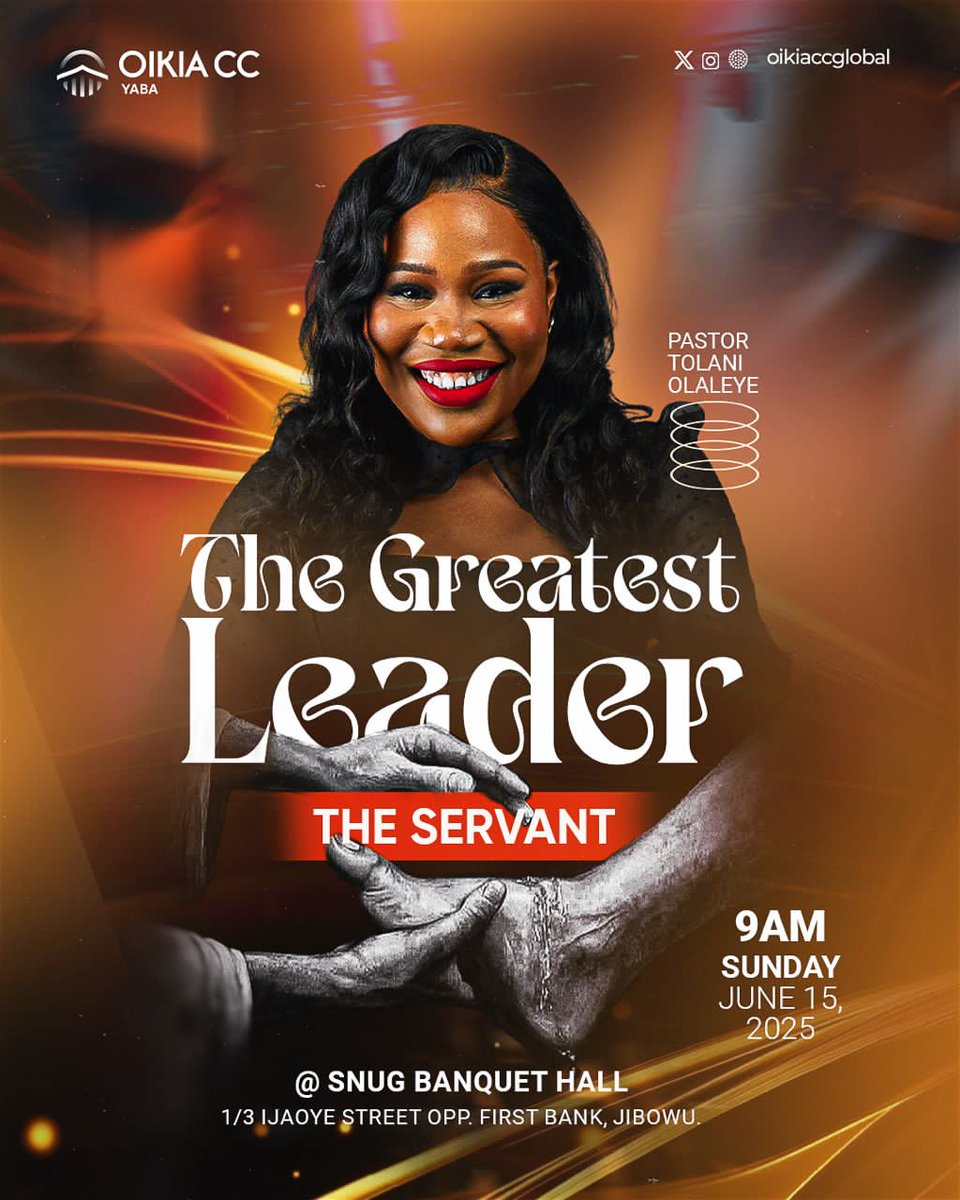 The greatest leaders serve. Jesus said, “The greatest among you will be your servant” (Matt. 23:11). True leadership is found in humility and service.

This Sunday, we continue our leadership series.
Come and be inspired. Join us!

⌚: 9am 
⛪: Snug Banquet Hall, Yaba .
#myoikia