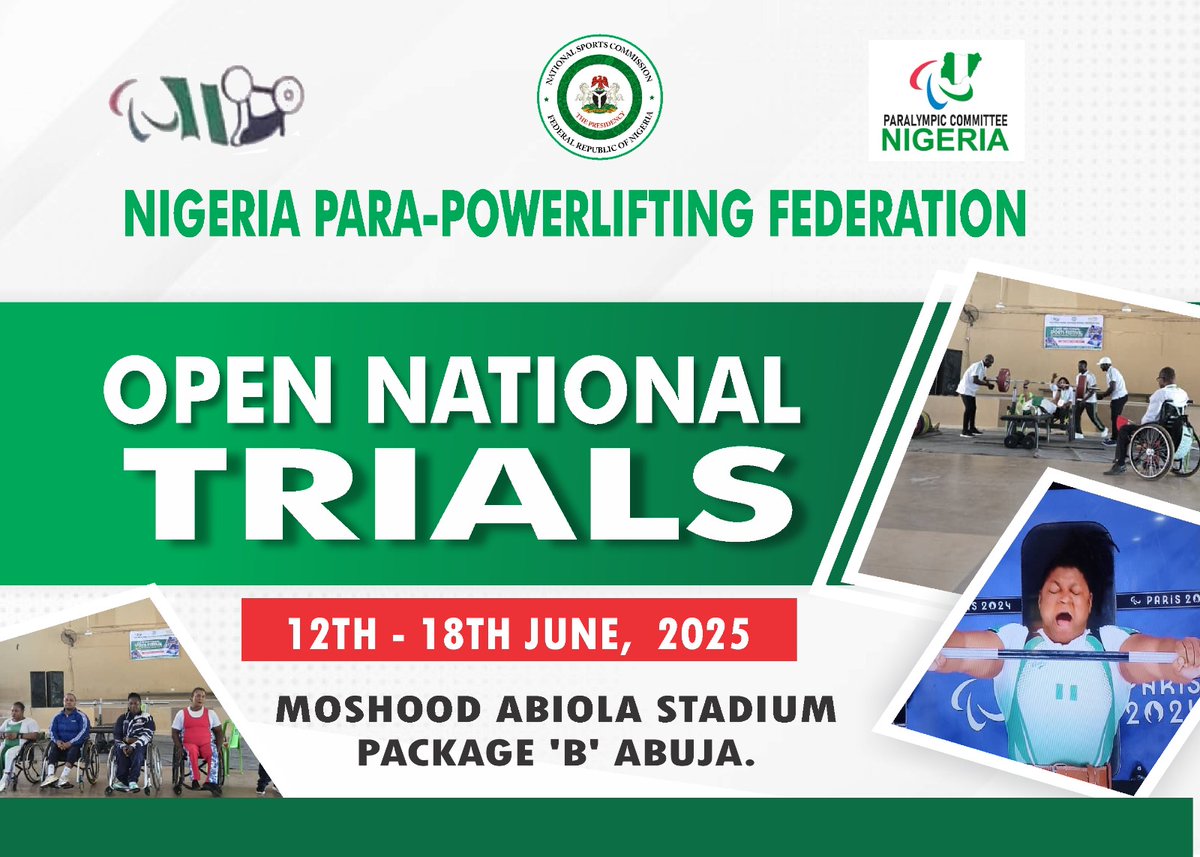 Nigeria Para-Powerlifting Federation presents Open National Trials
From 14th -16th June 2025.
🏟️ - Moshood Abiola Stadium Abuja..
The opportunity to discover next Nwogu, Bose Omolayo, Kafilat, Mark, Kure, Rowland.....