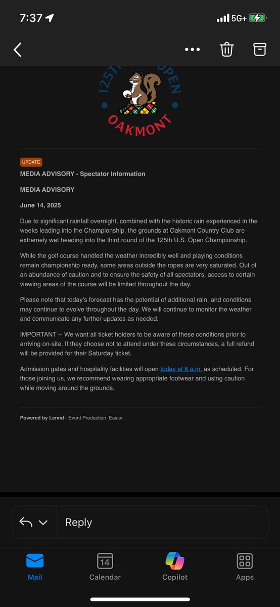 JoelMBeall's tweet image. Oakmont is soaked but playable. Still, some areas outside the ropes are a mess, so U.S. Open is offering refunds to fans who don’t want to deal with the slog