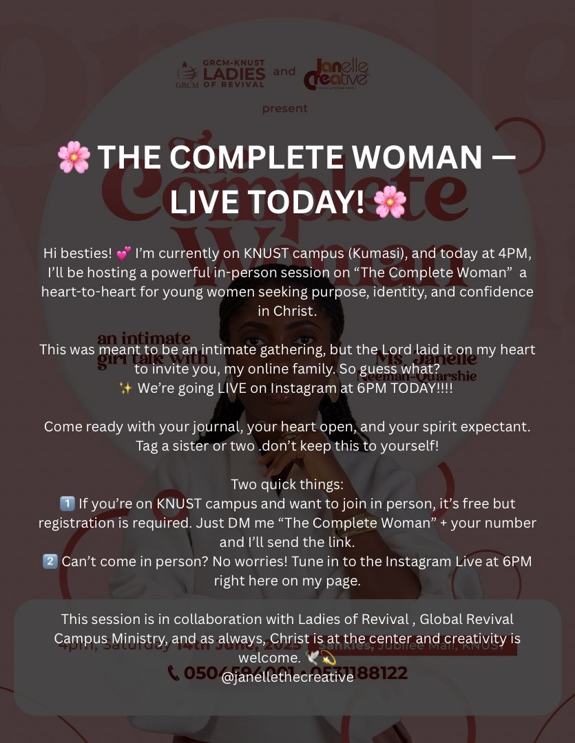Hey ladies😊. Join me on ig live for a discussion on the Complete Woman happening today at 6pm. This is for young women seeking purpose, identity and confidence in Christ. See you soon ❤️❤️

instagram.com/janellethecrea…