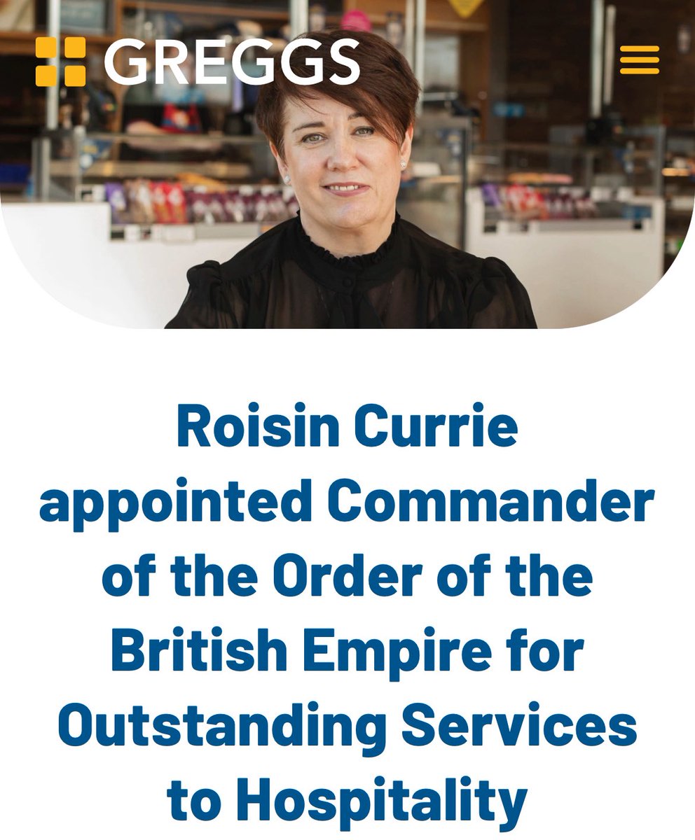Obviously awarded her gong for contributions to UK obesity rates and crap M5 motorway service stations <a href="/GreggsOfficial/">Greggs</a>