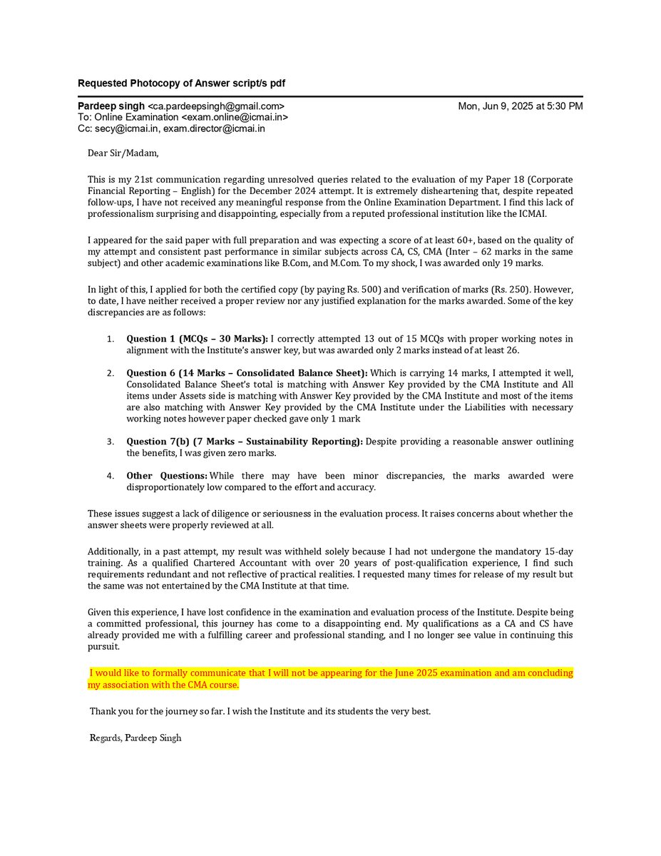 ca_pardeepsingh's tweet image. Still no response from @ICMAICMA  after 3+ months and 22 emails.
Waiting endlessly for CMA answer evaluation clarification. This silence is deeply unprofessional and unfair to candidates who invest time, effort, and money.
 #ICMAIinSleepmode #CMAExam @CharteredWorld @CAclubindia