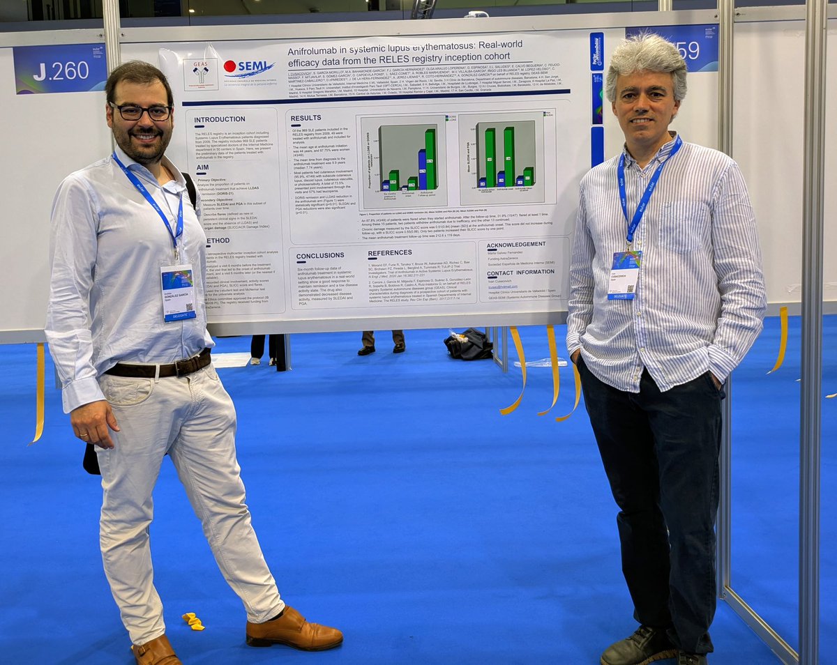 Autoinmunes-Clínic (@mas_clinic) on Twitter photo <a href="/gtgeassemi/">GT GEAS-SEMI</a> present at #EULAR2025 with <a href="/icusacovich/">Iván Cusácovich</a> and <a href="/DrGlezGarcia/">Andrés González</a>
Anifrolumab in RELES
➡️Significant decrease in SLEDAI
➡️LLDAS percentage and DORIS response increased 4-fold
➡️No damage accumulation <a href="/gtgeassemi/">GT GEAS-SEMI</a> present at #EULAR2025 with <a href="/icusacovich/">Iván Cusácovich</a> and <a href="/DrGlezGarcia/">Andrés González</a>
Anifrolumab in RELES
➡️Significant decrease in SLEDAI
➡️LLDAS percentage and DORIS response increased 4-fold
➡️No damage accumulation