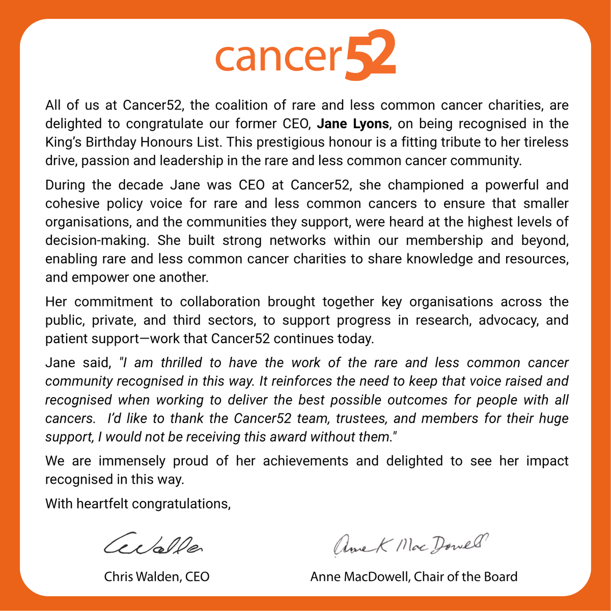 Cancer52org's tweet image. Congratulations Jane Lyons MBE!