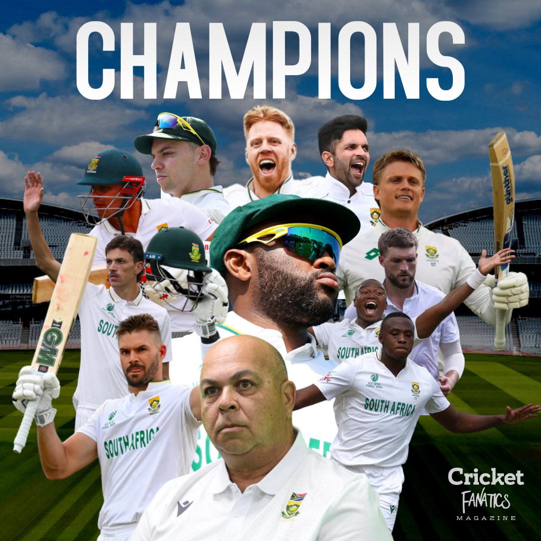 HISTORY MADE #WTC2025Final 🔥

After 27 YEARS of heartbreak, SOUTH AFRICA finally lifts the ICC Trophy! 🏆
Bavuma’s brave captaincy, Markram’s masterclass ; this is more than victory, this is redemption! 🏆

WORLD, TAKE A BOW
#WtcFinal2025 #SAvsAUS#WtcFinal2025