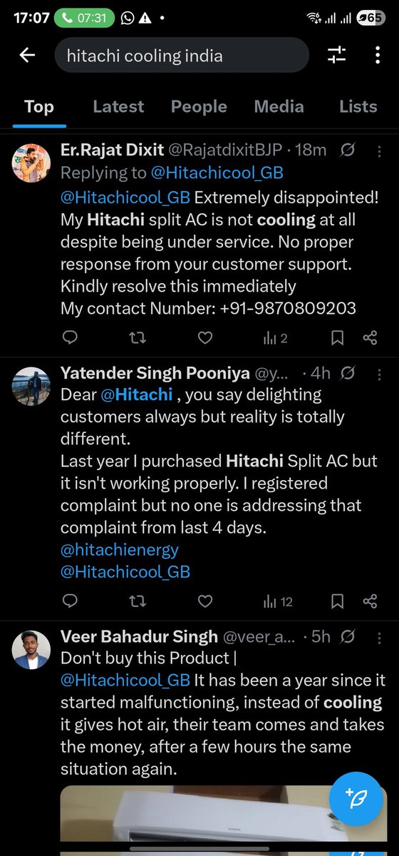dinesh_arora1's tweet image. @Hitachicool_GB Extremely disappointed as my 2TR AC bought 3 moths back is not cooling. SR# 25060910675 is pending from last five days.  Engrs and local service center are giving lame excuses and even tried closing the call today. Same pattern observed below. #SanjaySudhakaran