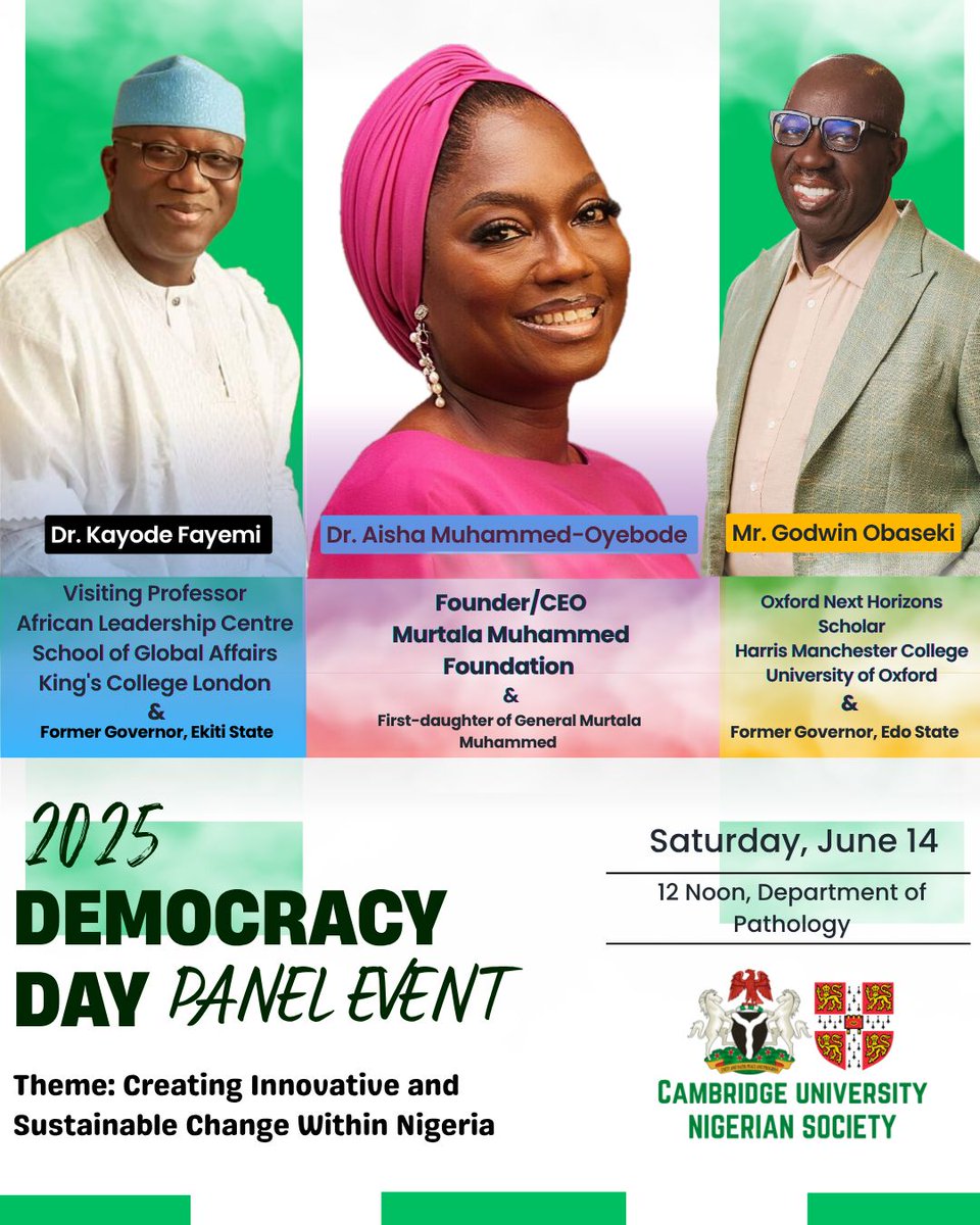 Dr. Aisha-Muhammed-Oyebode (@aisha_oyebode) on Twitter photo LIVE NOW: Discussing innovative & sustainable change in Nigeria with the Cambridge University Nigerian Society.
Honored to be on the panel with my esteemed colleagues Dr. Kayode Fayemi (<a href="/kfayemi/">Kayode Fayemi</a>) & Godwin Obaseki (<a href="/GovernorObaseki/">H. E. Godwin Obaseki</a>). Join this crucial #DemocracyDay conversation! LIVE NOW: Discussing innovative & sustainable change in Nigeria with the Cambridge University Nigerian Society.
Honored to be on the panel with my esteemed colleagues Dr. Kayode Fayemi (<a href="/kfayemi/">Kayode Fayemi</a>) & Godwin Obaseki (<a href="/GovernorObaseki/">H. E. Godwin Obaseki</a>). Join this crucial #DemocracyDay conversation!