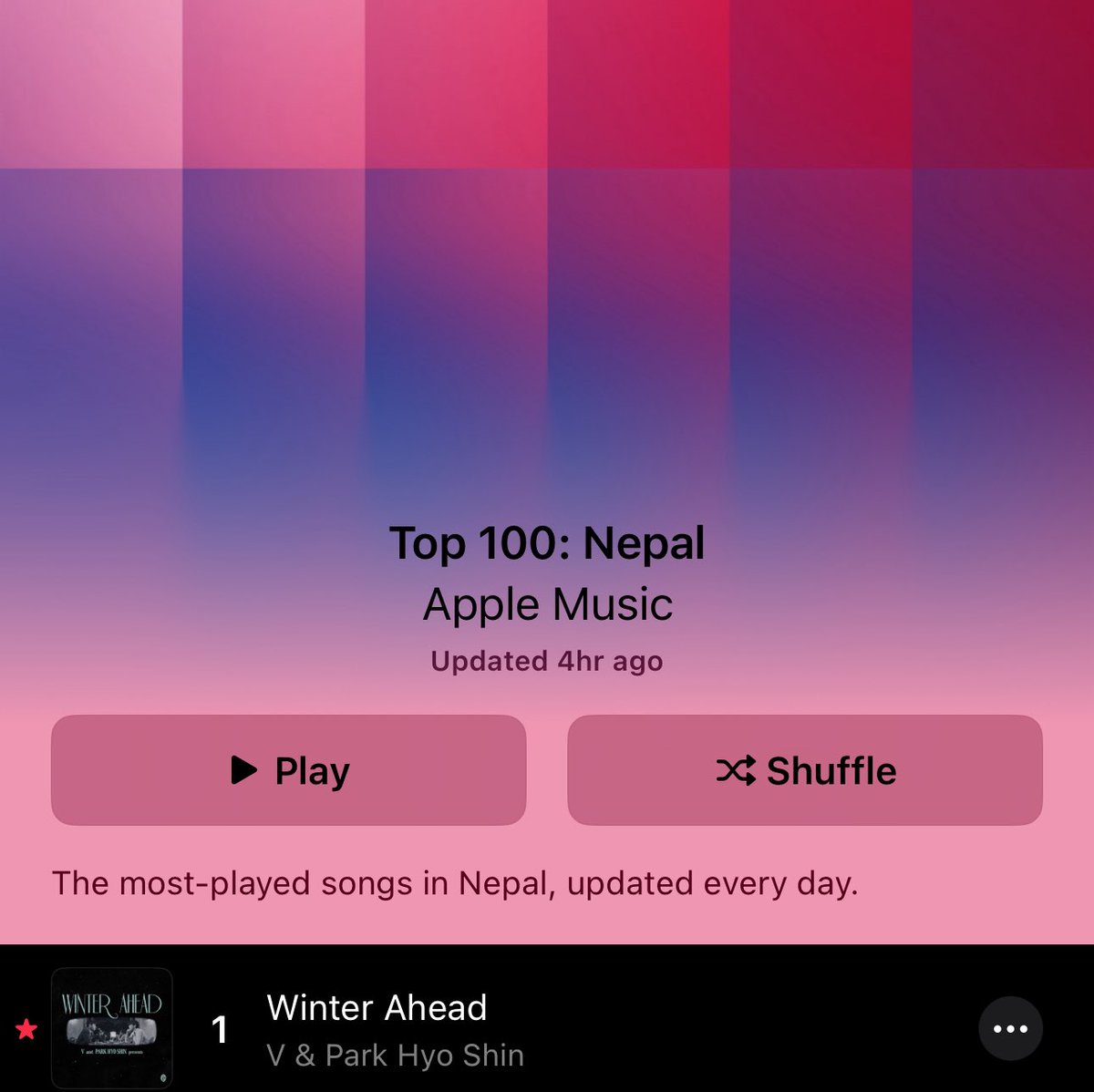 When you open the charts in Nepal right now, it’s all V 🇳🇵Top song, top album, top videos, he owns them.

🎶 Winter Ahead – #1 Song
📀 Layover – #1 Album
🎥 White Christmas – #1 Video
🎥 FRI(END)S – #2
🎥 For Us – #3

Let’s goooooo! Keep streaming 🎧