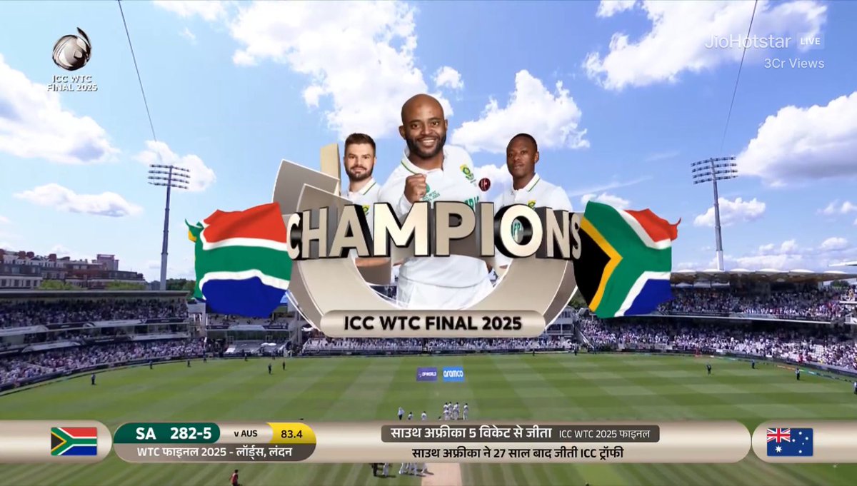 sviyer4's tweet photo. Clinical chase against the mighty Aussies in an ICC final - that too, in a Test! 🙌🏼 #SouthAfrica absolutely deserved this win. 👌 #AidenMarkram, #TembaBavuma - take a bow 🙇‍♂️ The ‘chokers’ tag? Put to rest 😎 #ICCWTCFinal #rsavaus https://t.co/5Pwrq3jOTu