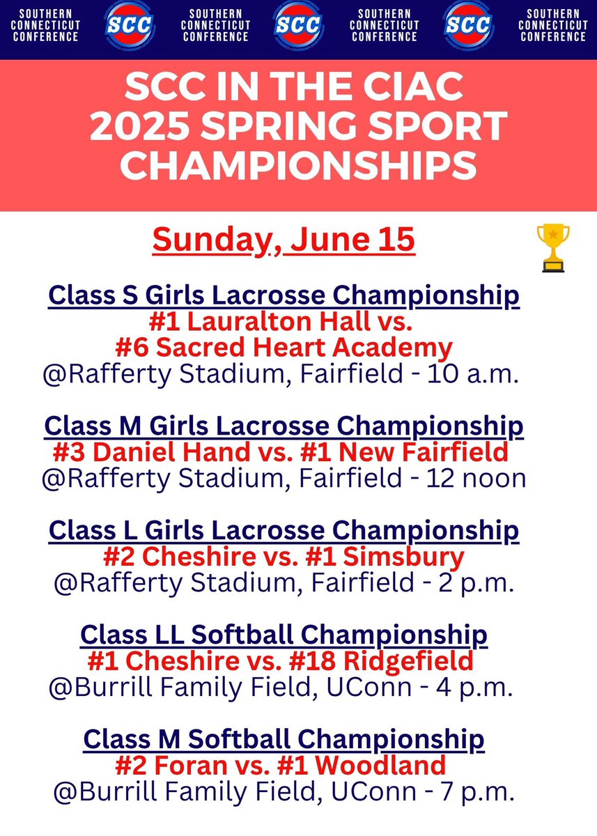 🏆 #SCCweekend  ☀️ 🌧️ 

Best of luck!  🥍 ⚾️ 🥎 

southernconnecticutconference.org/follow-the-scc…