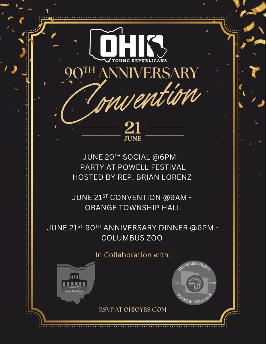 Ohio Young Republicans (@ohioyrs) on Twitter photo 1️⃣ Week Away!
Join <a href="/Jim_Jordan/">Rep. Jim Jordan</a> at our welcome social Friday hosted by <a href="/lorenzforohio/">Rep. Brian Lorenz</a>!
Then Saturday we have a huge amount of fantastic speakers and panels at the 90th Anniversary Convention!
And finally join <a href="/Rob_McColley/">Senator Rob McColley</a> and <a href="/MikeCareyOH15/">Carey For Congress</a> that night for dinner at the zoo! 1️⃣ Week Away!
Join <a href="/Jim_Jordan/">Rep. Jim Jordan</a> at our welcome social Friday hosted by <a href="/lorenzforohio/">Rep. Brian Lorenz</a>!
Then Saturday we have a huge amount of fantastic speakers and panels at the 90th Anniversary Convention!
And finally join <a href="/Rob_McColley/">Senator Rob McColley</a> and <a href="/MikeCareyOH15/">Carey For Congress</a> that night for dinner at the zoo!