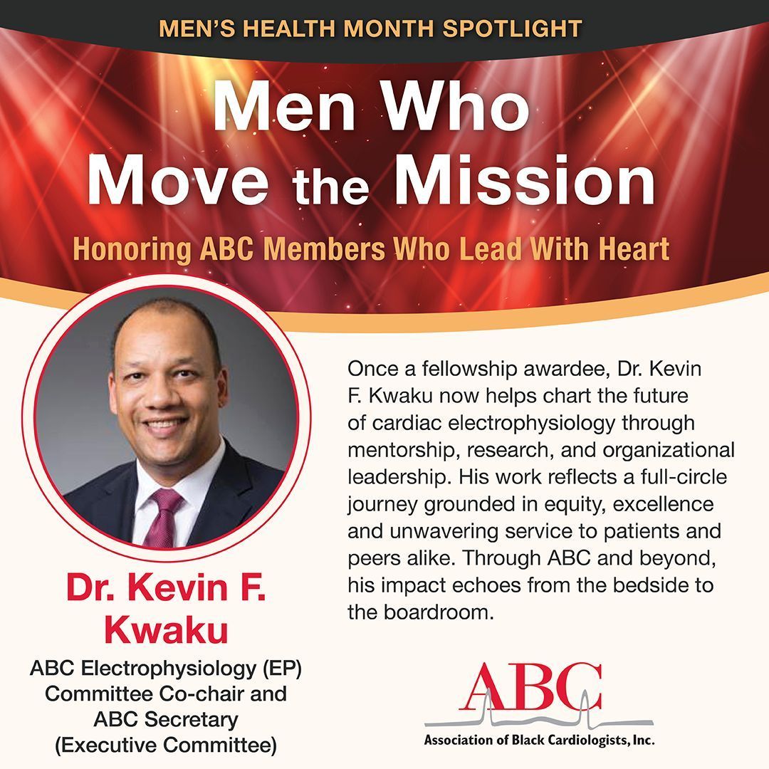 Association of Black Cardiologists (@abcardio1) on Twitter photo This #MensHealthMonth, we proudly recognize Dr. Kevin F. Kwaku (<a href="/ECGMD/">Dr. Kevin Kwaku</a>)—ABC Secretary, EP leader, and mentor shaping the future of cardiac care. From Harvard to Hanover, he’s delivering advanced rhythm care and leading with heart. #ABCMenMoveTheMission #EPLeadership This #MensHealthMonth, we proudly recognize Dr. Kevin F. Kwaku (<a href="/ECGMD/">Dr. Kevin Kwaku</a>)—ABC Secretary, EP leader, and mentor shaping the future of cardiac care. From Harvard to Hanover, he’s delivering advanced rhythm care and leading with heart. #ABCMenMoveTheMission #EPLeadership