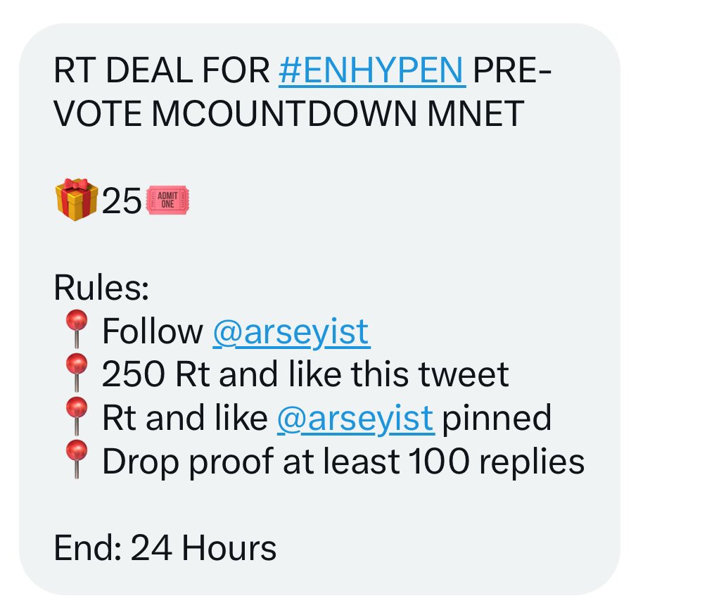 jy saw enha 2x π κ (@chwonist__) on Twitter photo RT DEAL FOR #ENHYPEN PRE-VOTE MCOUNTDOWN MNET
π25ποΈ
Rules:
πFollow <a href="/arseyist/">Arsey Β°β’β‘β’Β° || JUAL VOTE BOYS 2 PLANET</a>
π250 Rt and like this tweet
πRt and like <a href="/arseyist/">Arsey Β°β’β‘β’Β° || JUAL VOTE BOYS 2 PLANET</a> pinned
πDrop proof at least 100 replies
End: 24 Hours #ENFuelUp #ENVOOSTERS RT DEAL FOR #ENHYPEN PRE-VOTE MCOUNTDOWN MNET
π25ποΈ
Rules:
πFollow <a href="/arseyist/">Arsey Β°β’β‘β’Β° || JUAL VOTE BOYS 2 PLANET</a>
π250 Rt and like this tweet
πRt and like <a href="/arseyist/">Arsey Β°β’β‘β’Β° || JUAL VOTE BOYS 2 PLANET</a> pinned
πDrop proof at least 100 replies
End: 24 Hours #ENFuelUp #ENVOOSTERS